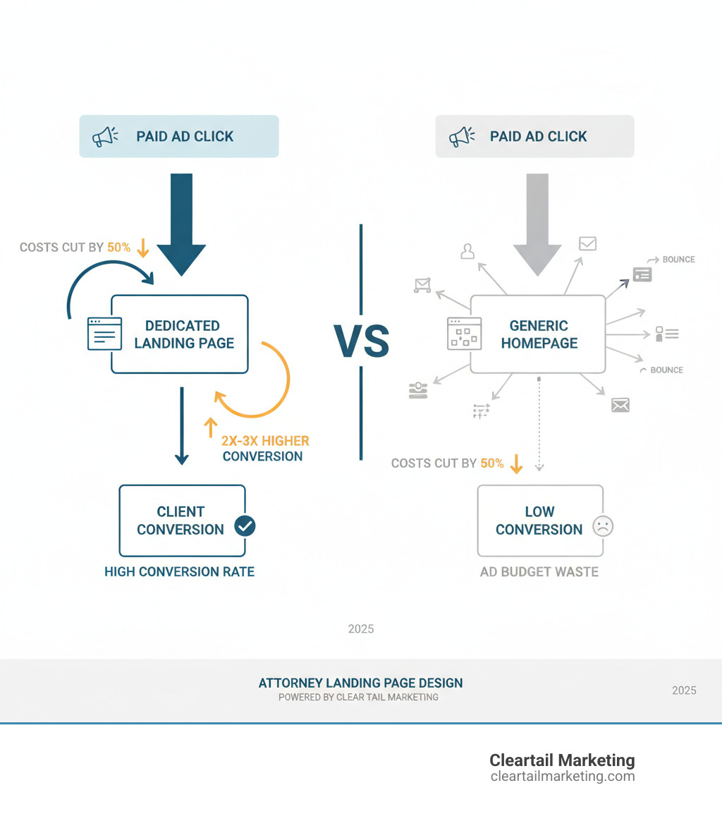 FLOW FROM PAID AD TO LANDING PAGE VS HOMEPAGE SHOWING CONVERSION PATHS - ATTORNEY LANDING PAGE DESIGN INFOGRAPHIC FLOW FROM PAID AD TO LANDING PAGE VS HOMEPAGE SHOWING CONVERSION PATHS - ATTORNEY LANDING PAGE DESIGN INFOGRAPHIC