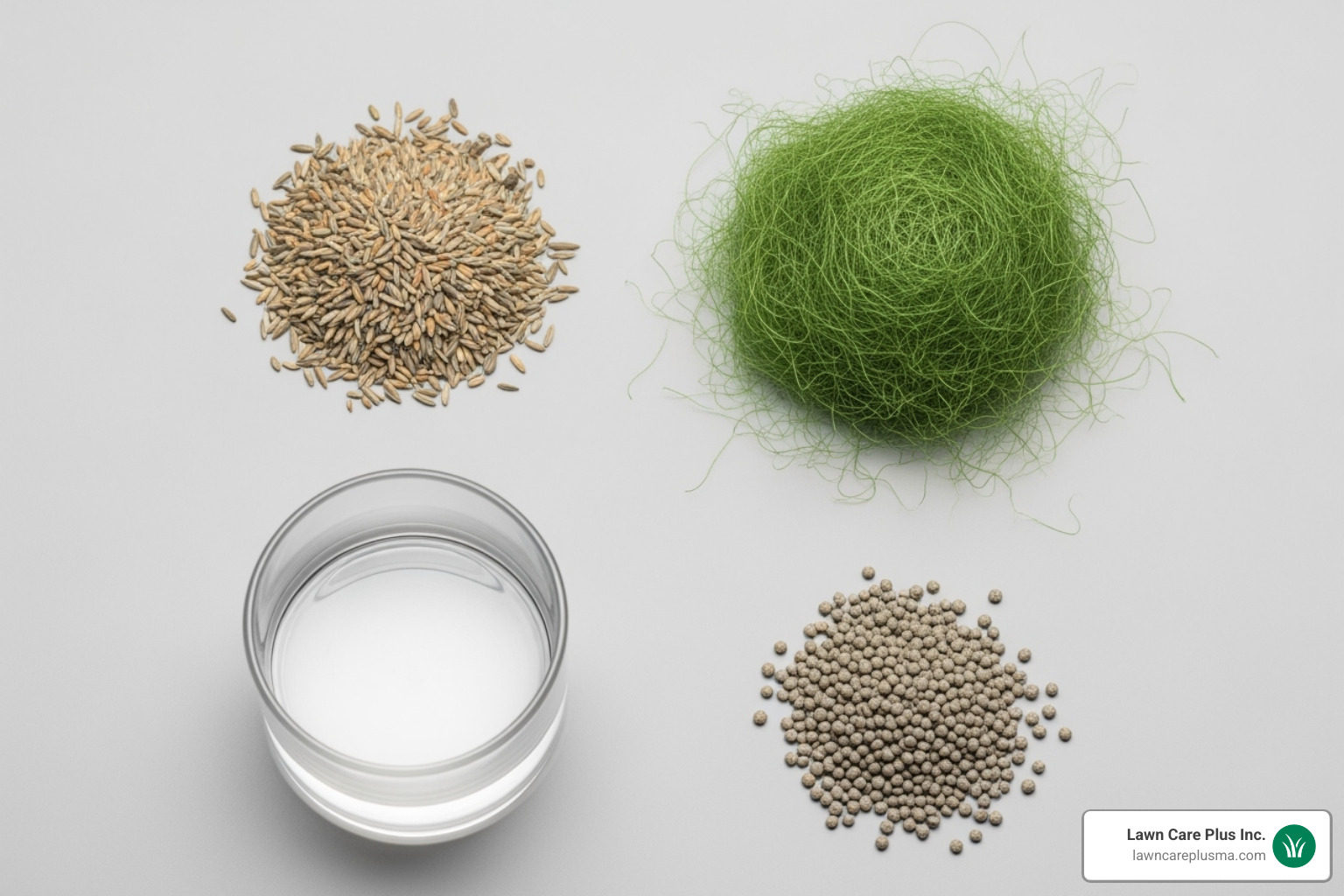 hydroseeding slurry components laid out: grass seed, green fiber mulch, fertilizer, and water - hydro grass seed companies