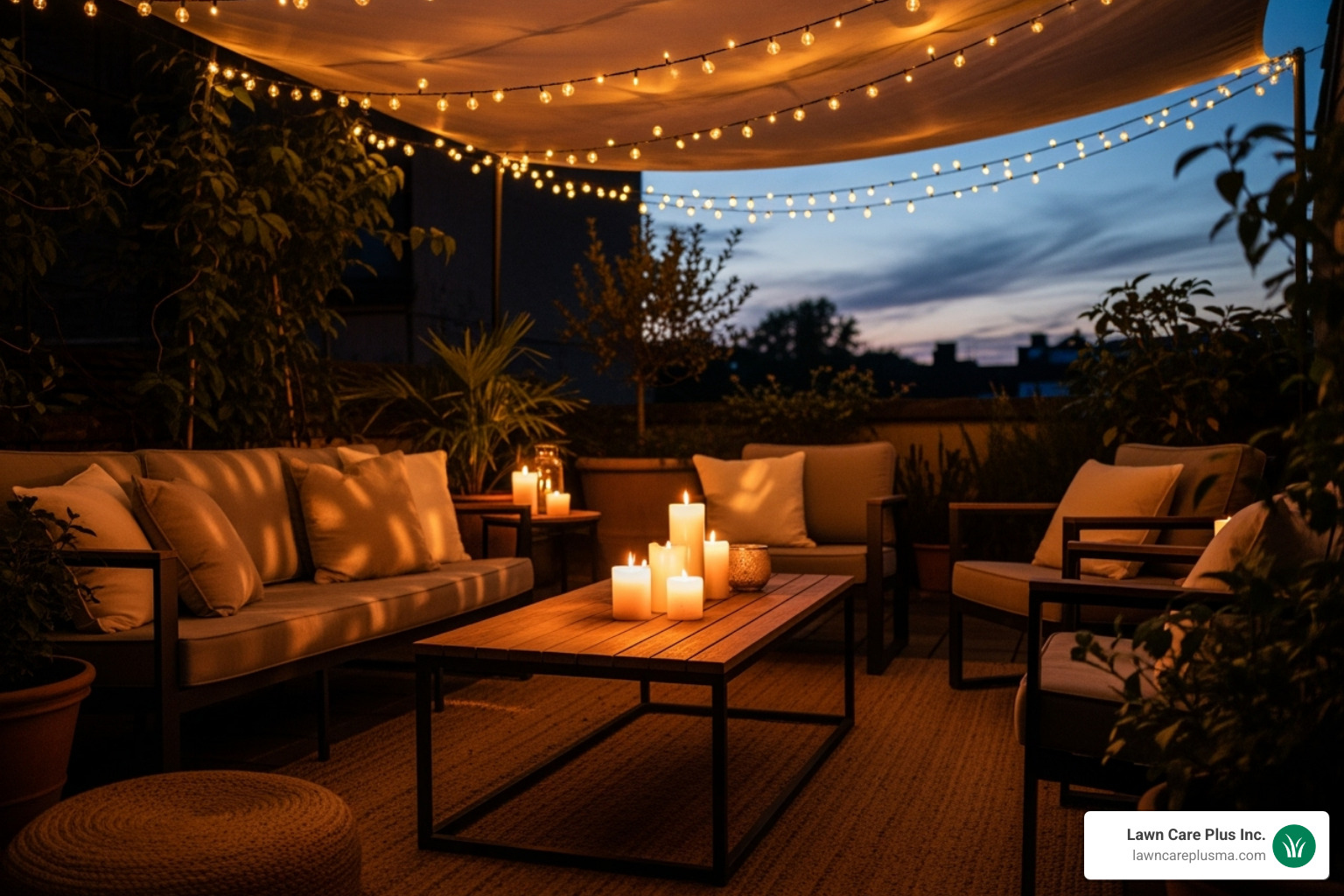 A patio at dusk with glowing string lights, candles on a coffee table, and comfortable cushions on the furniture - patio design ideas