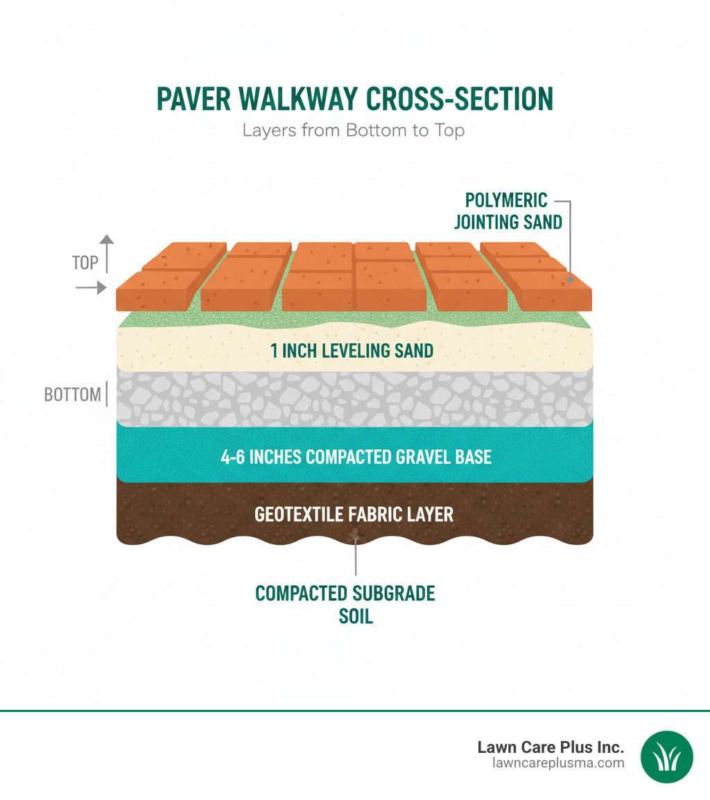 Cross-section diagram of a paver walkway showing layers from bottom to top: compacted subgrade soil, geotextile fabric layer, 4-6 inches of compacted gravel base, 1 inch of leveling sand, pavers on top, and polymeric jointing sand filling the gaps between pavers - building a walkway with pavers infographic Cross-section diagram of a paver walkway showing layers from bottom to top: compacted subgrade soil, geotextile fabric layer, 4-6 inches of compacted gravel base, 1 inch of leveling sand, pavers on top, and polymeric jointing sand filling the gaps between pavers - building a walkway with pavers infographic