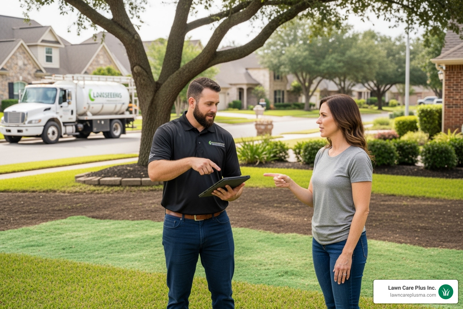 professional landscaper providing a consultation to a homeowner in their yard - hydro grass seed companies