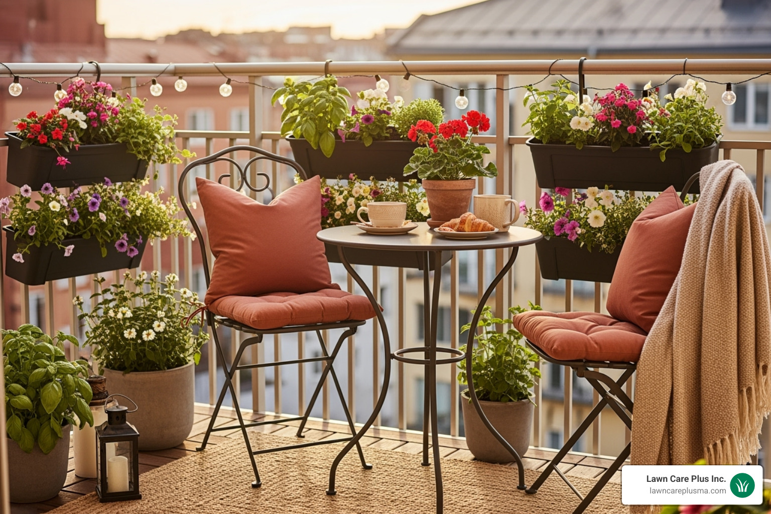 A cozy, well-decorated small balcony patio with a bistro set and vertical planters - patio design ideas