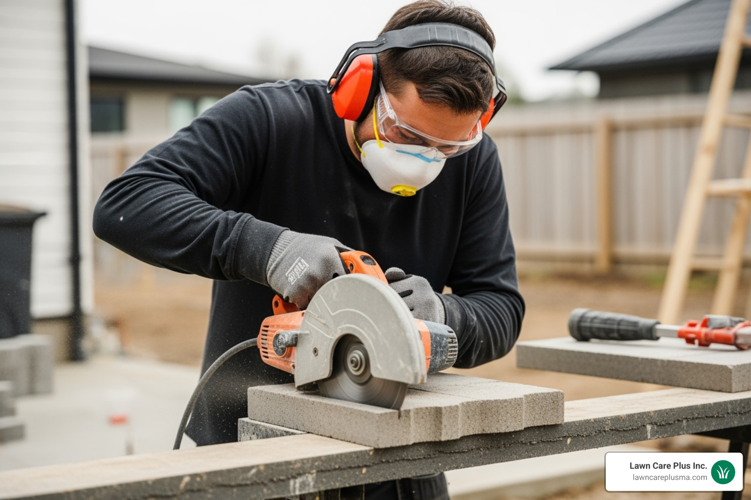 person cutting paver - building a walkway with pavers person cutting paver - building a walkway with pavers