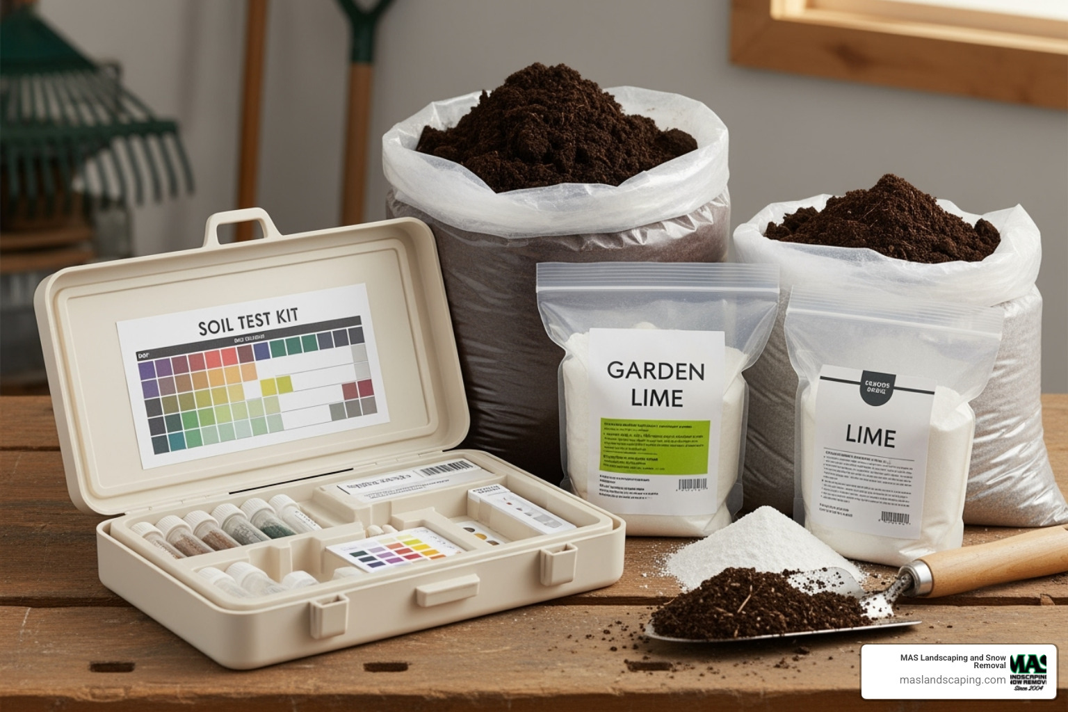A soil test kit displayed next to bags of compost and lime, ready for soil amendment - preparing lawn for new sod A soil test kit displayed next to bags of compost and lime, ready for soil amendment - preparing lawn for new sod
