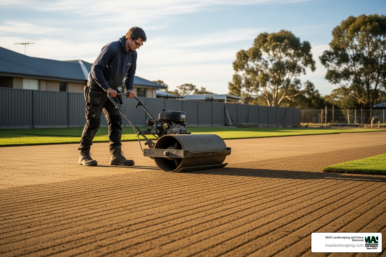 A lawn roller being meticulously used on a smooth, perfectly prepped soil bed - preparing lawn for new sod A lawn roller being meticulously used on a smooth, perfectly prepped soil bed - preparing lawn for new sod