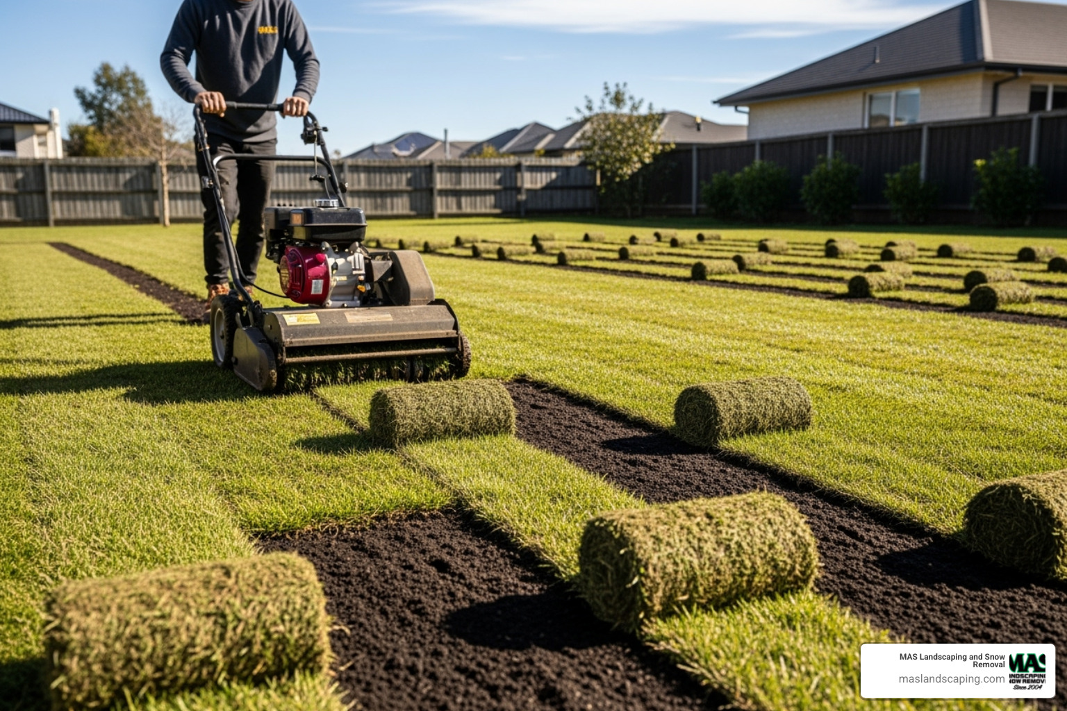 A lawn being cleared with a sod cutter, showing strips of removed turf - preparing lawn for new sod A lawn being cleared with a sod cutter, showing strips of removed turf - preparing lawn for new sod