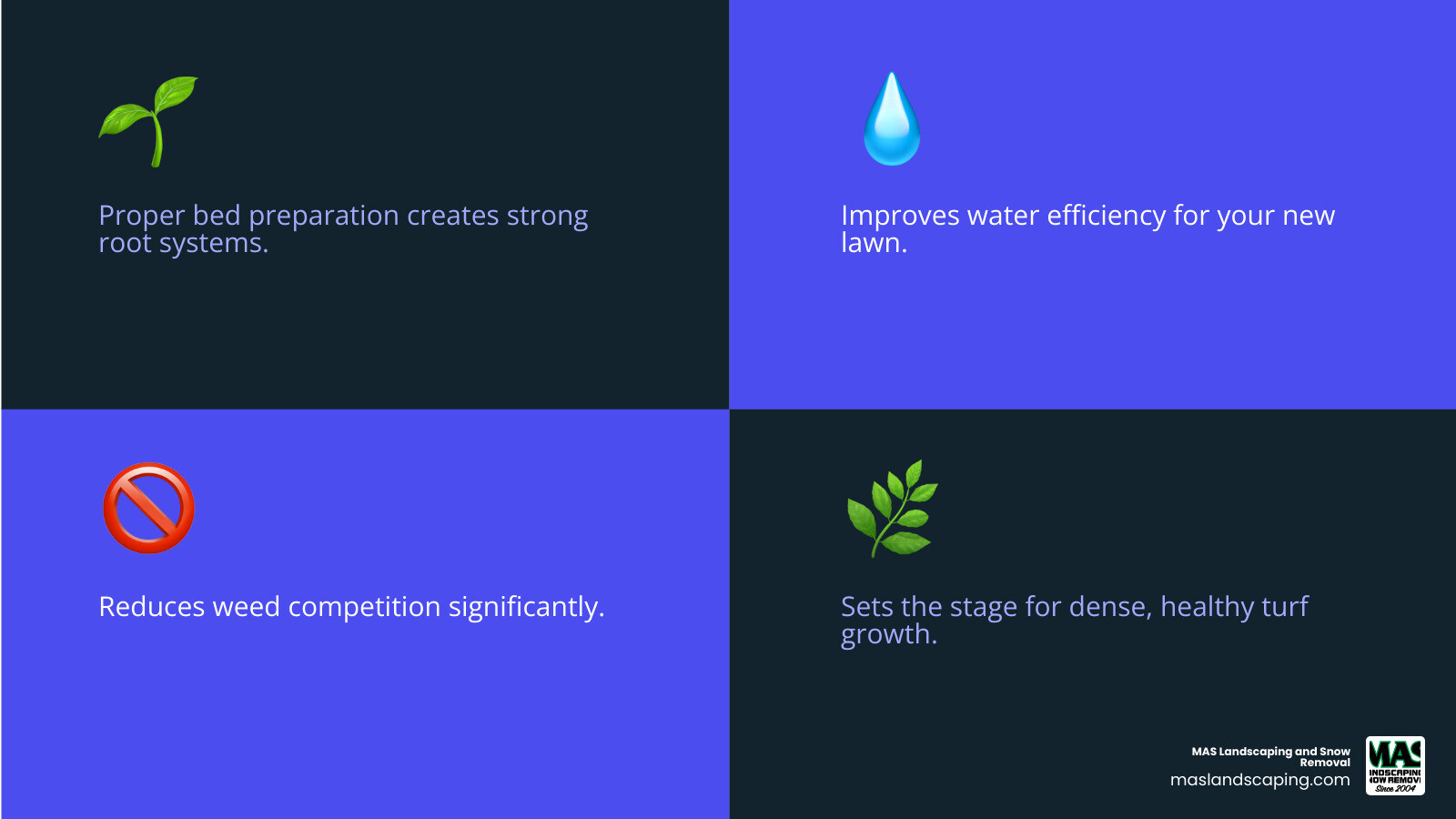 Infographic showing the four key benefits of proper lawn bed preparation: Strong Roots (illustrated with deep root system), Water Savings (water droplet with efficiency arrow), Weed Reduction (crossed-out weed icon), and Lush Growth (thick grass blades) - how to install a new seed lawn bed preparation infographic 4_facts_emoji_blue