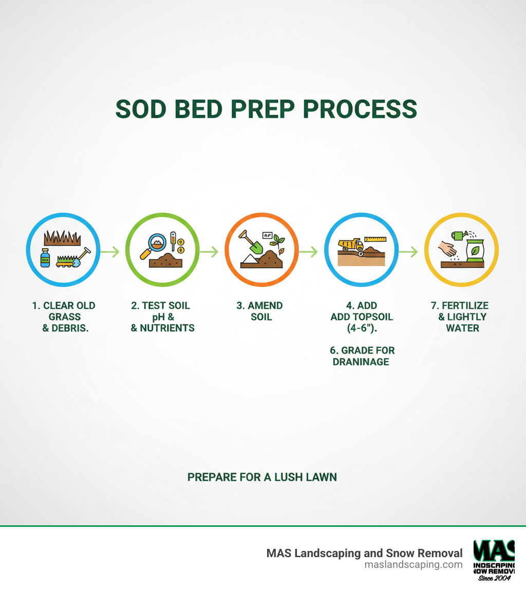Infographic showing the complete sod bed preparation process: Step 1 - Clear existing grass and debris with herbicide or sod cutter; Step 2 - Test soil pH and nutrient levels; Step 3 - Amend soil with lime, sulfur, or compost as needed; Step 4 - Add topsoil to achieve 4-6 inch depth; Step 5 - Till soil to 4-6 inches deep to break up compaction; Step 6 - Grade for proper drainage, sloping away from structures; Step 7 - Apply high-phosphorus starter fertilizer and lightly water before installation - preparing lawn for new sod infographic Infographic showing the complete sod bed preparation process: Step 1 - Clear existing grass and debris with herbicide or sod cutter; Step 2 - Test soil pH and nutrient levels; Step 3 - Amend soil with lime, sulfur, or compost as needed; Step 4 - Add topsoil to achieve 4-6 inch depth; Step 5 - Till soil to 4-6 inches deep to break up compaction; Step 6 - Grade for proper drainage, sloping away from structures; Step 7 - Apply high-phosphorus starter fertilizer and lightly water before installation - preparing lawn for new sod infographic