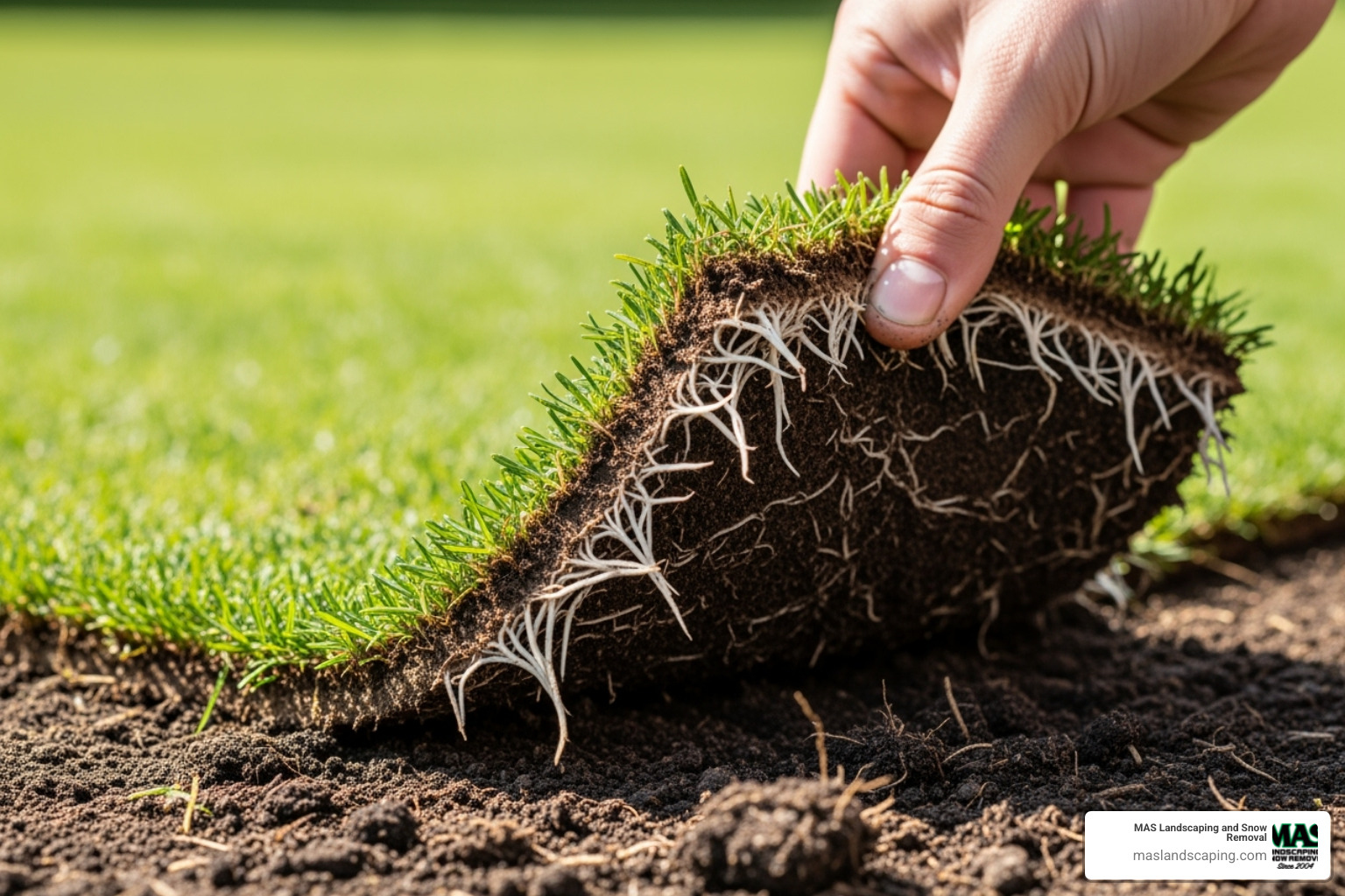 A person gently lifting the corner of a sod piece to check for new white roots, indicating successful establishment - how to maintain a new lawn after installation