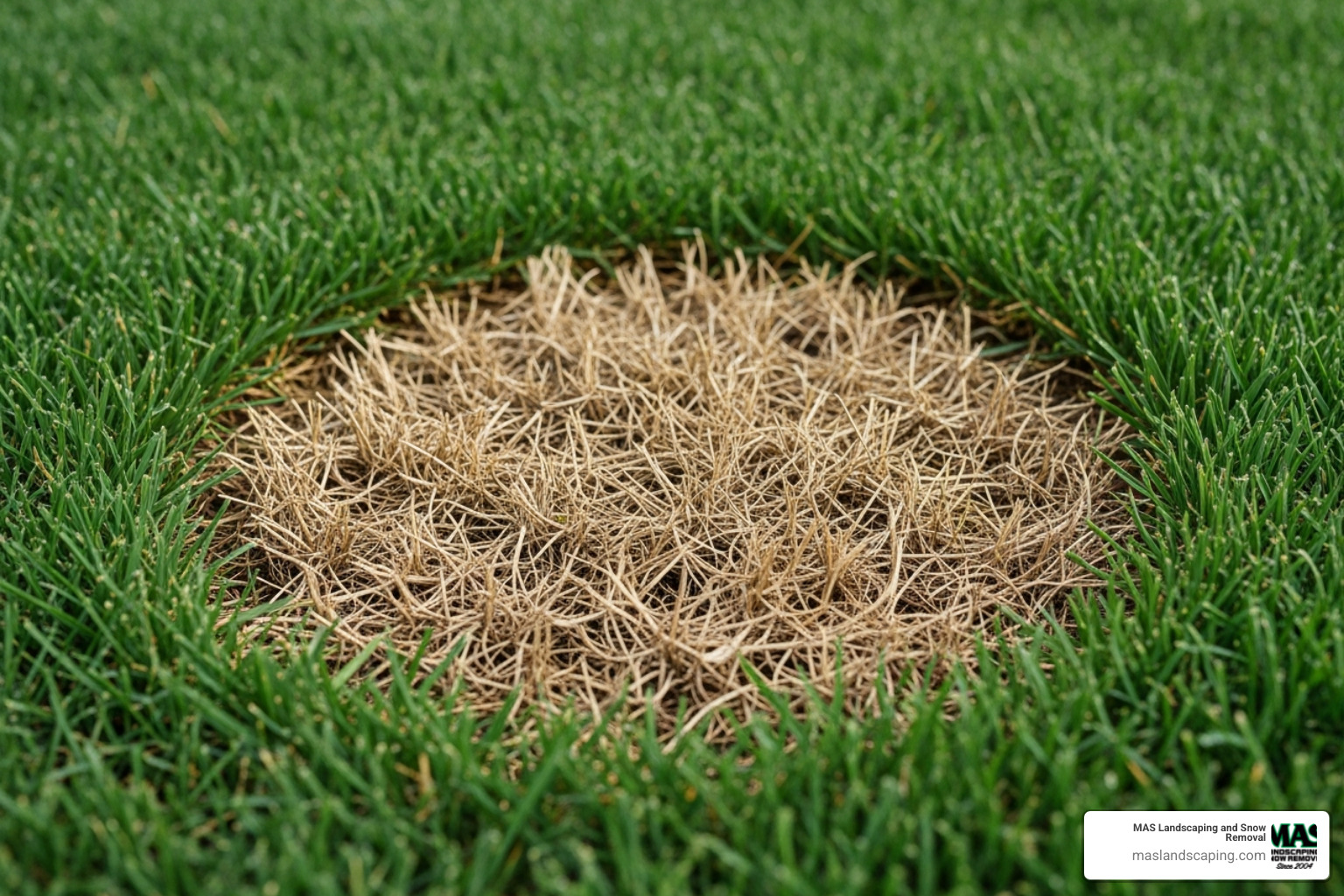 A close-up on a brown patch in a new lawn for identification purposes, showing stressed or dead grass - how to maintain a new lawn after installation