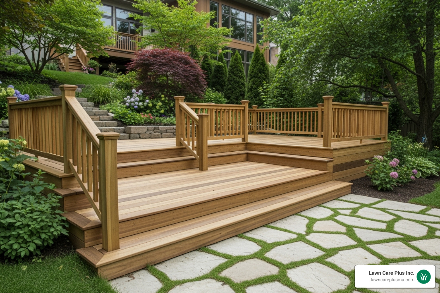 multi-level deck on a sloped yard and a ground-level paver patio - building decks and patios