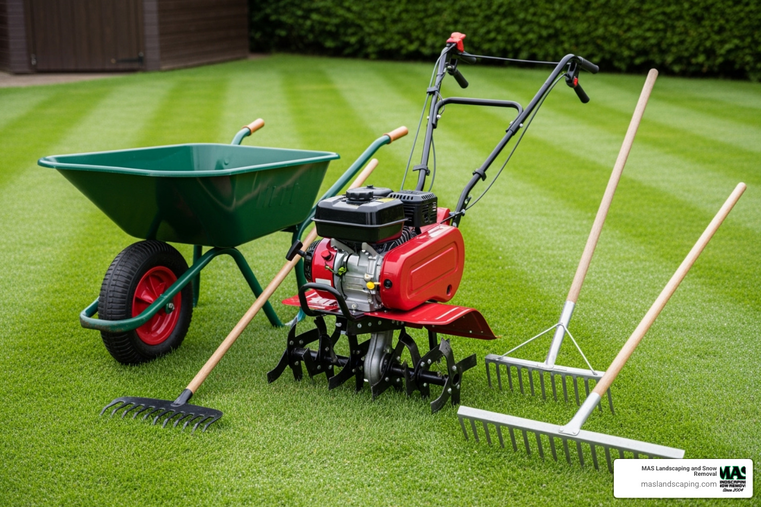 Essential lawn preparation tools like a rototiller, bow rake, and wheelbarrow neatly arranged on a lawn - how to install a new seed lawn bed preparation