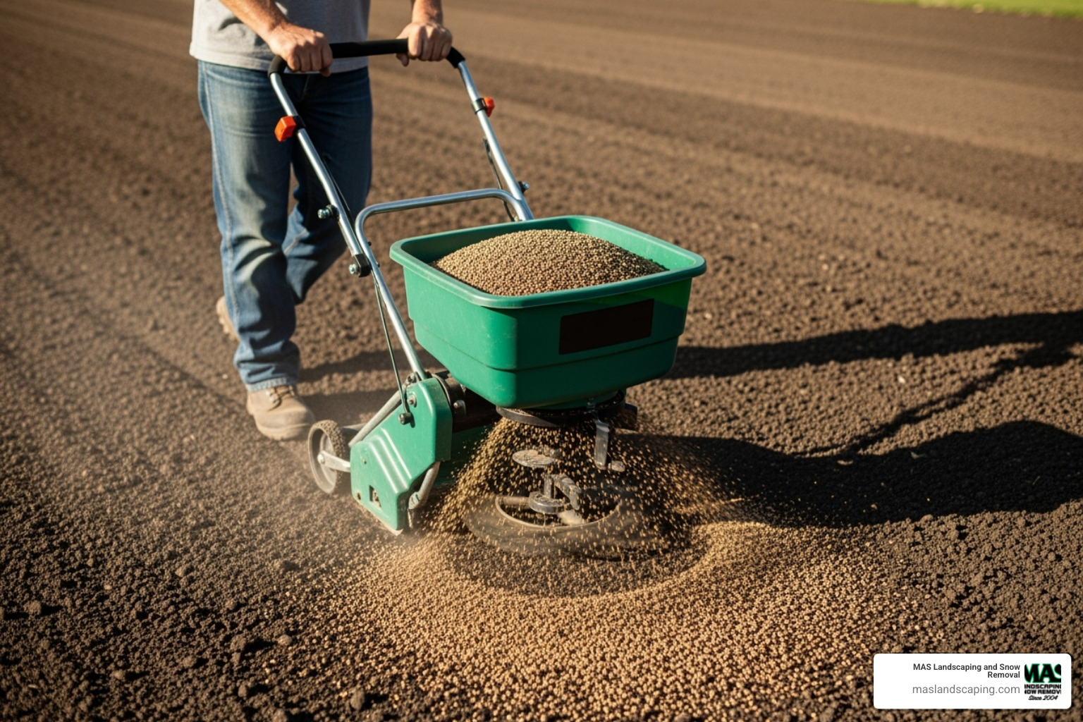 Grass seed being spread evenly with a broadcast spreader - how to install a new seed lawn bed preparation