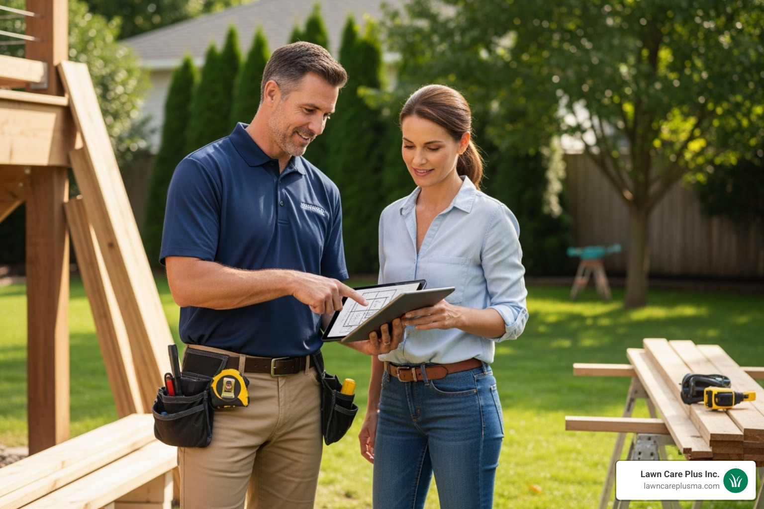 professional contractor discussing plans with a homeowner in their backyard - building decks and patios