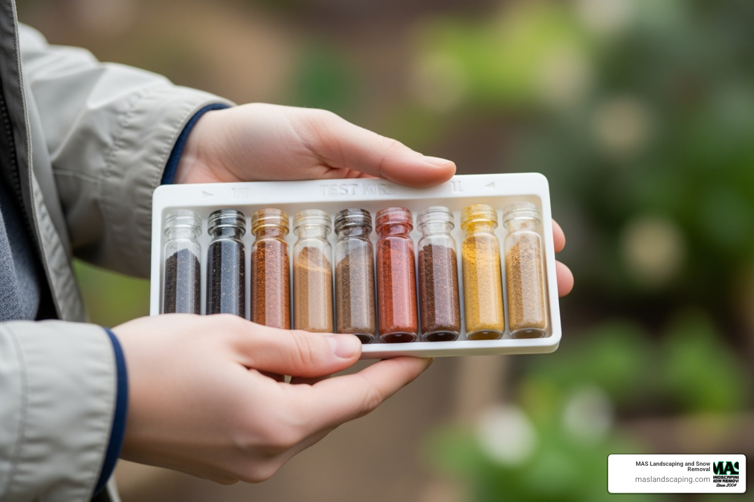A person holding a soil test kit with different colored soil samples - how to install a new seed lawn bed preparation