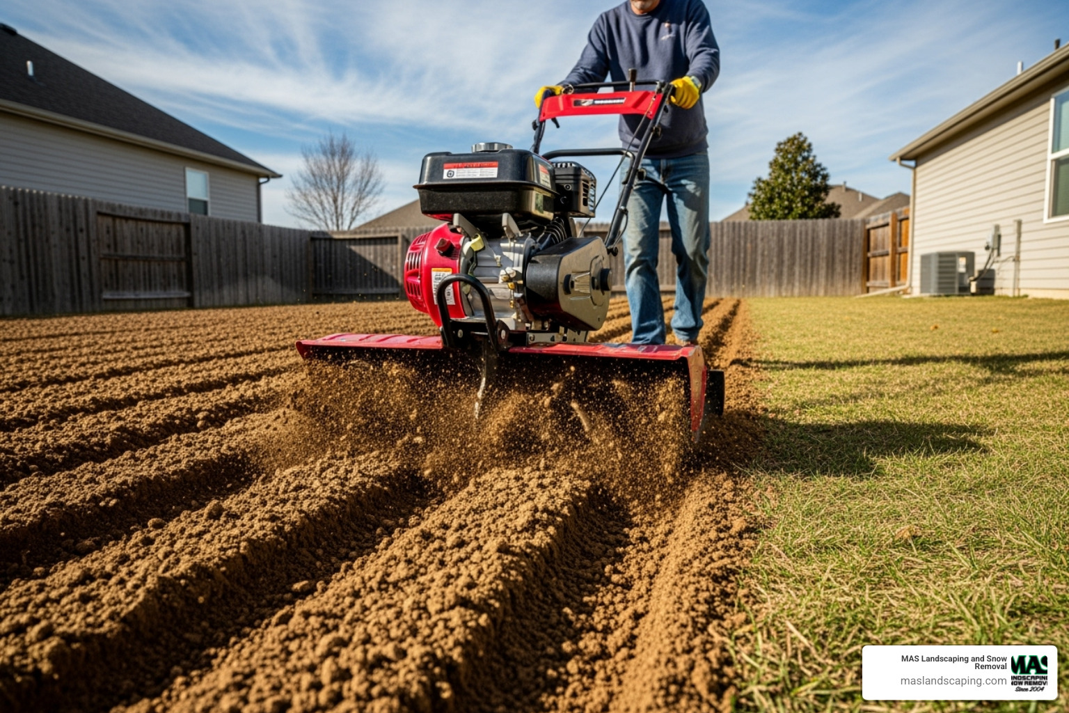 A rototiller actively turning over soil in a yard - how to install a new seed lawn bed preparation