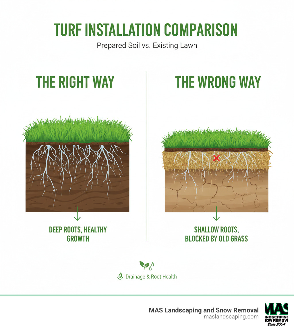 infographic showing cross-section comparison of turf laid on prepared soil with deep roots versus turf laid on existing lawn with shallow roots blocked by old grass layer - laying turf on existing lawn infographic 