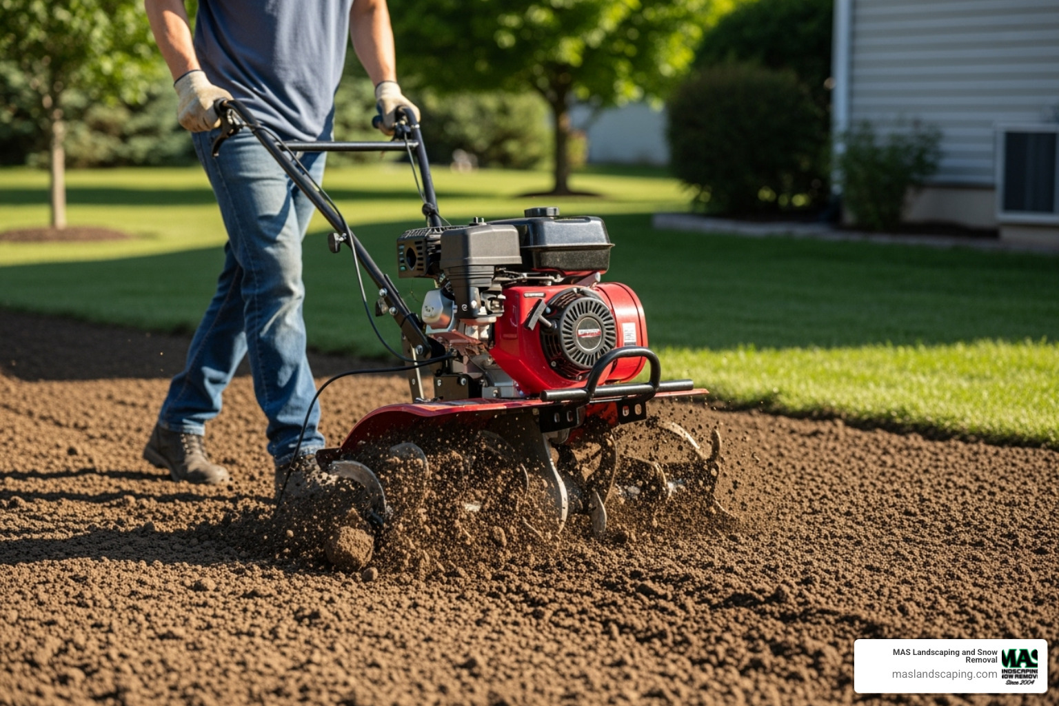 soil being tilled with a rototiller - laying turf on existing lawn
