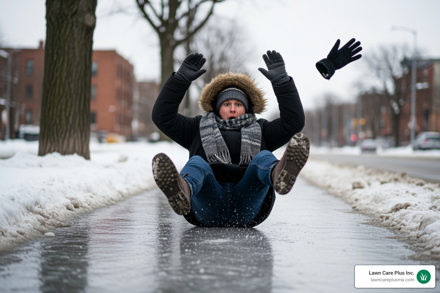 person slipping on icy sidewalk - salting near me