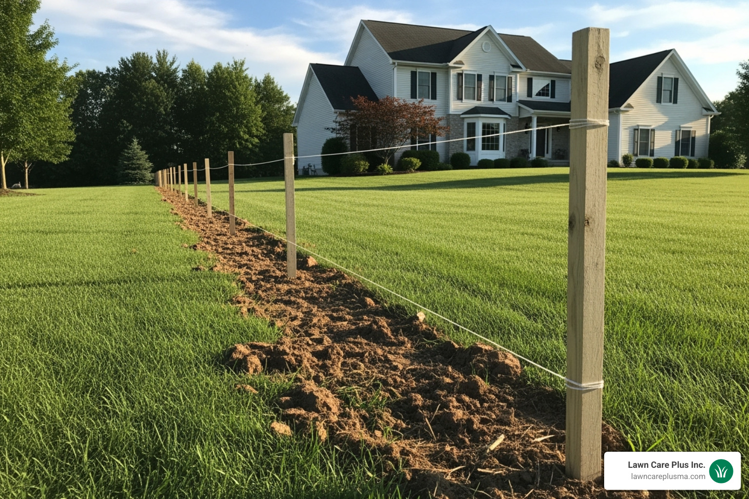 cleared property line with stakes and string marking the future fence line - best price fence company near me cleared property line with stakes and string marking the future fence line - best price fence company near me