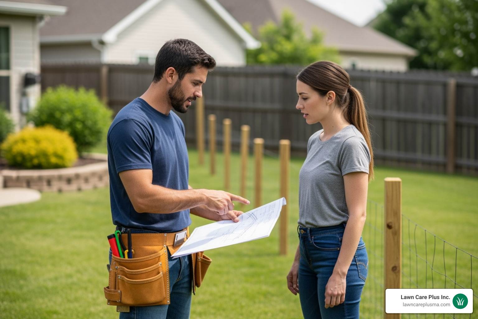 contractor discussing fence plans with a homeowner in their backyard - best price fence company near me contractor discussing fence plans with a homeowner in their backyard - best price fence company near me