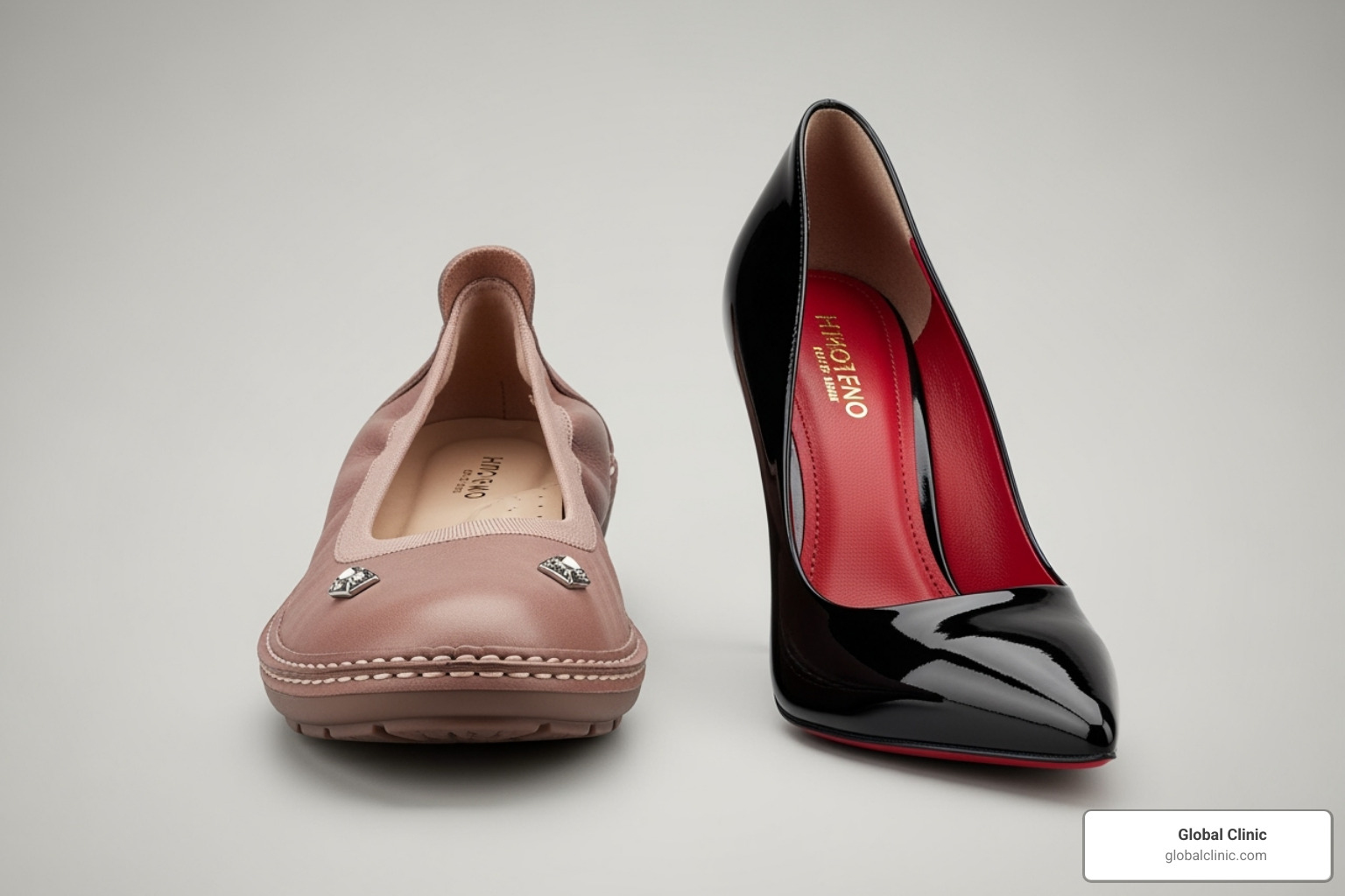 comparing a good shoe (wide toe box) vs. a bad shoe (narrow, high heel) - Non-surgical bunion