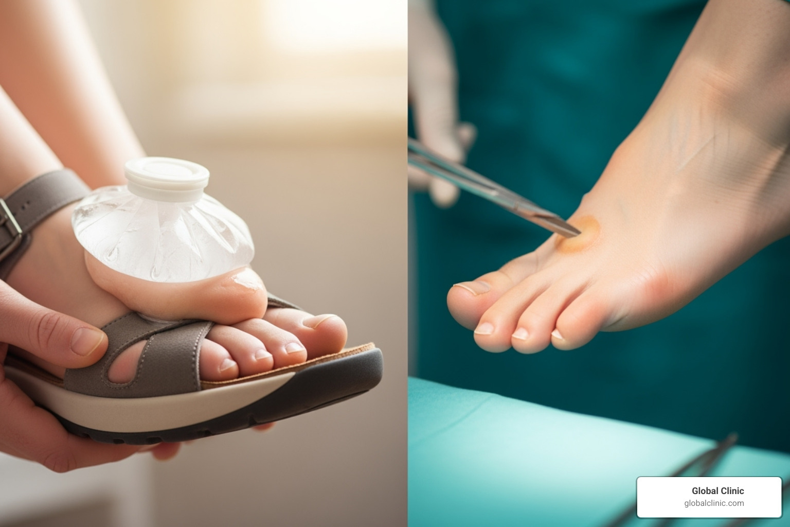 TABLE comparing Non-Surgical vs. Surgical Bunion Treatment on factors like Goal, Recovery Time, Cost, and Risk - Non-surgical bunion