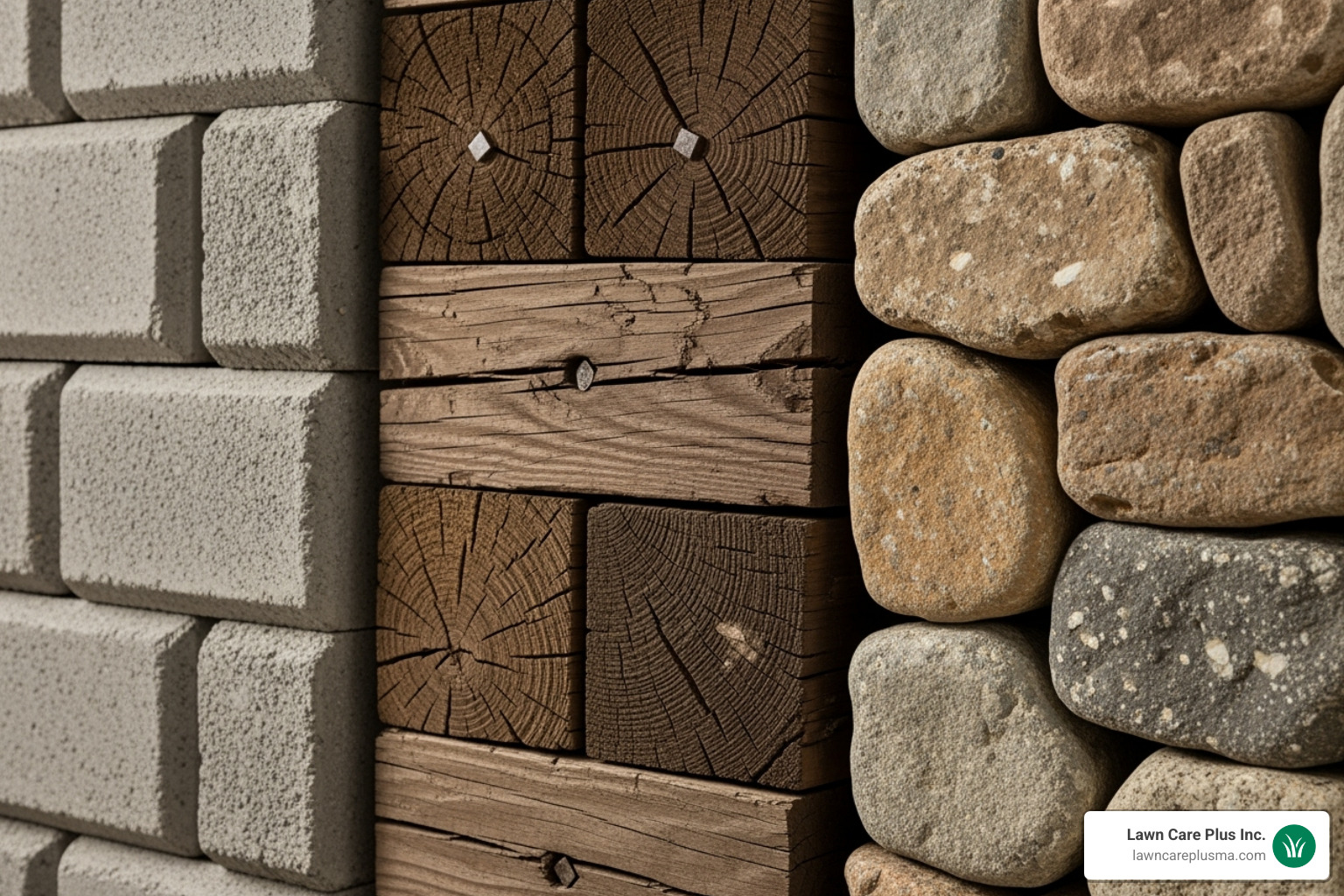 of various retaining wall materials like interlocking blocks, wood ties, and natural stone - build retaining wall