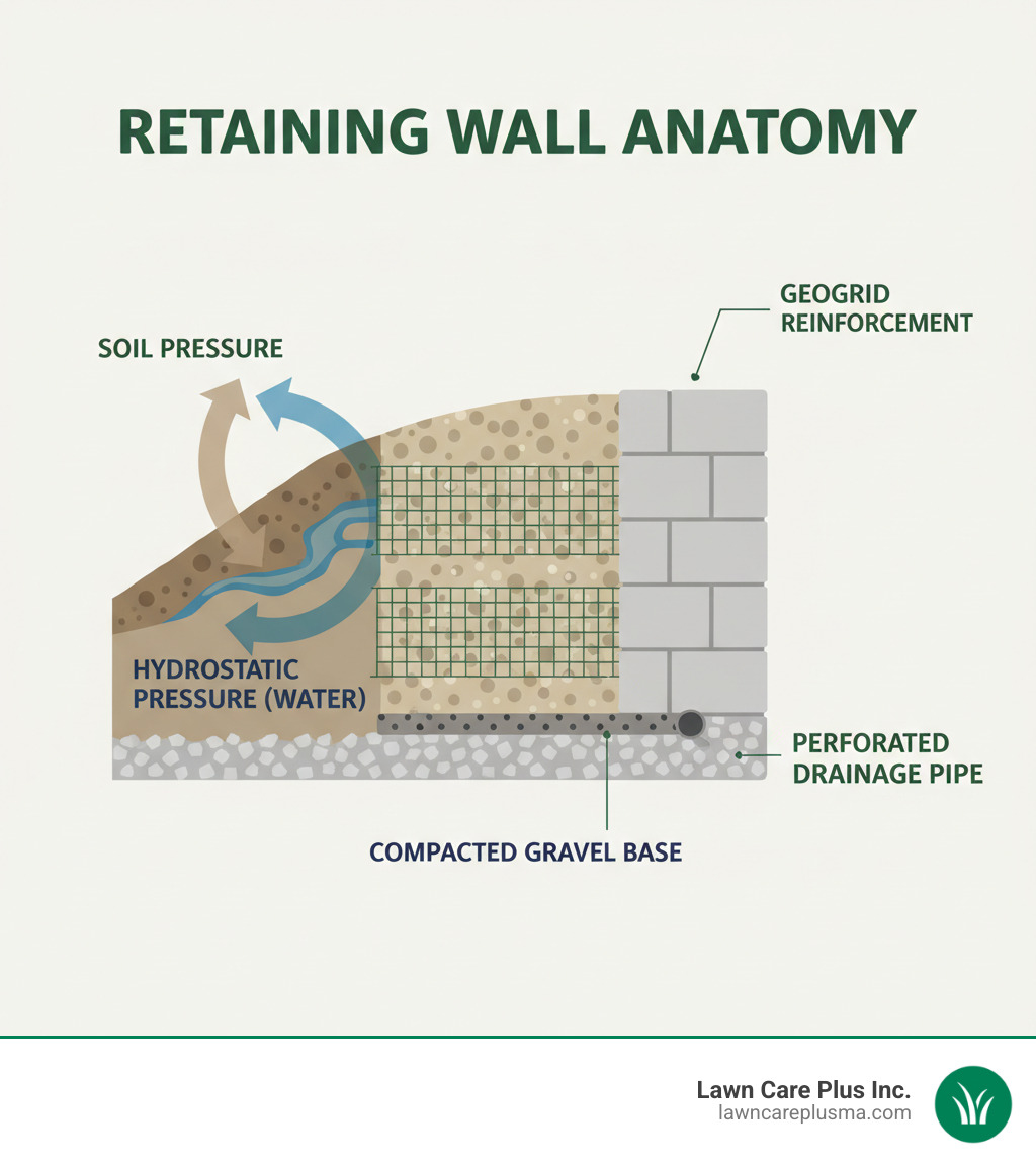 infographic showing cross-section of a retaining wall with labeled components including soil pressure, hydrostatic pressure from water, compacted gravel base, perforated drainage pipe, backfill material, and geogrid reinforcement layers - build retaining wall infographic 