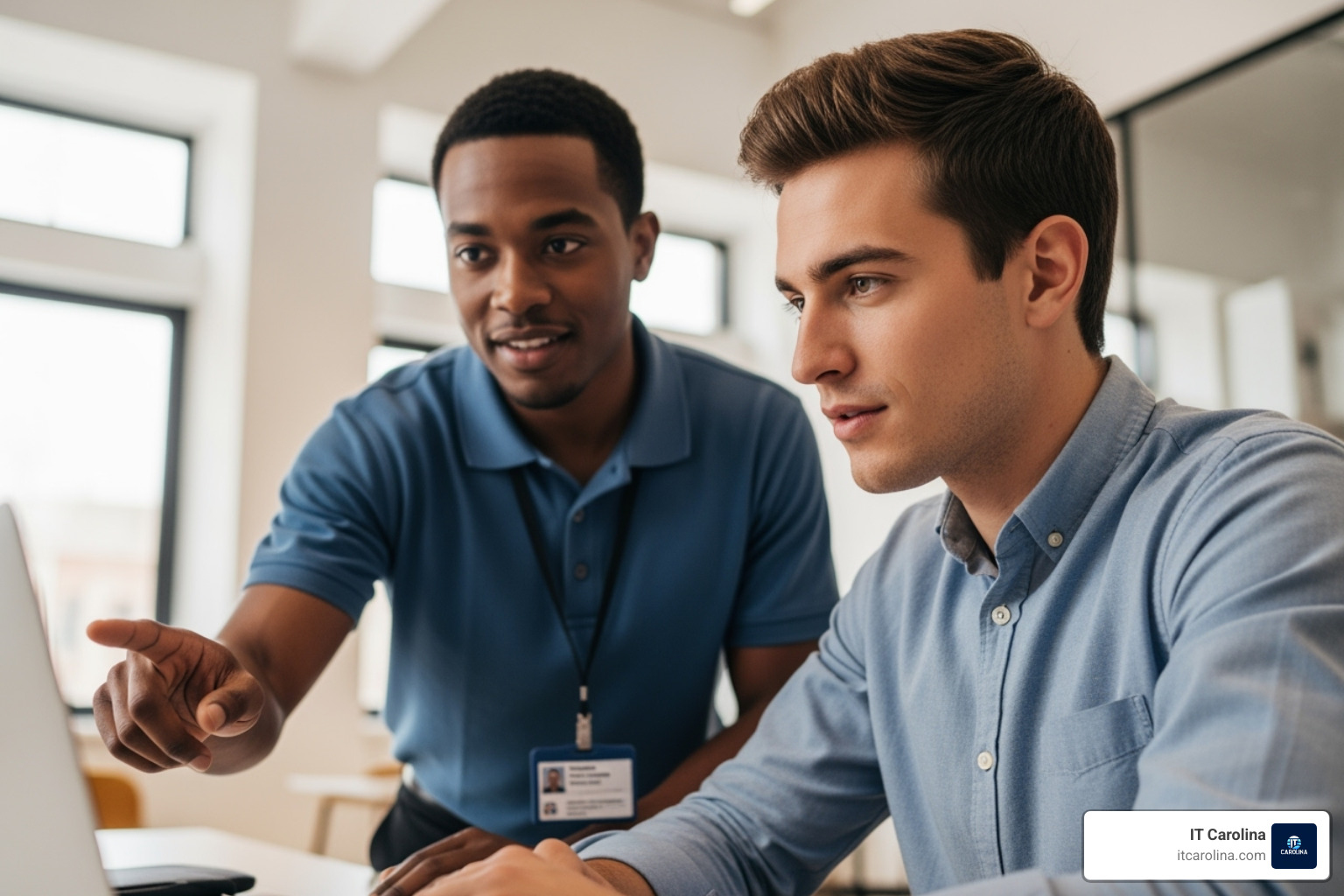 A friendly IT support person guiding a new employee on their laptop - The Ultimate IT Checklist for Onboarding and Offboarding Employees A friendly IT support person guiding a new employee on their laptop - The Ultimate IT Checklist for Onboarding and Offboarding Employees