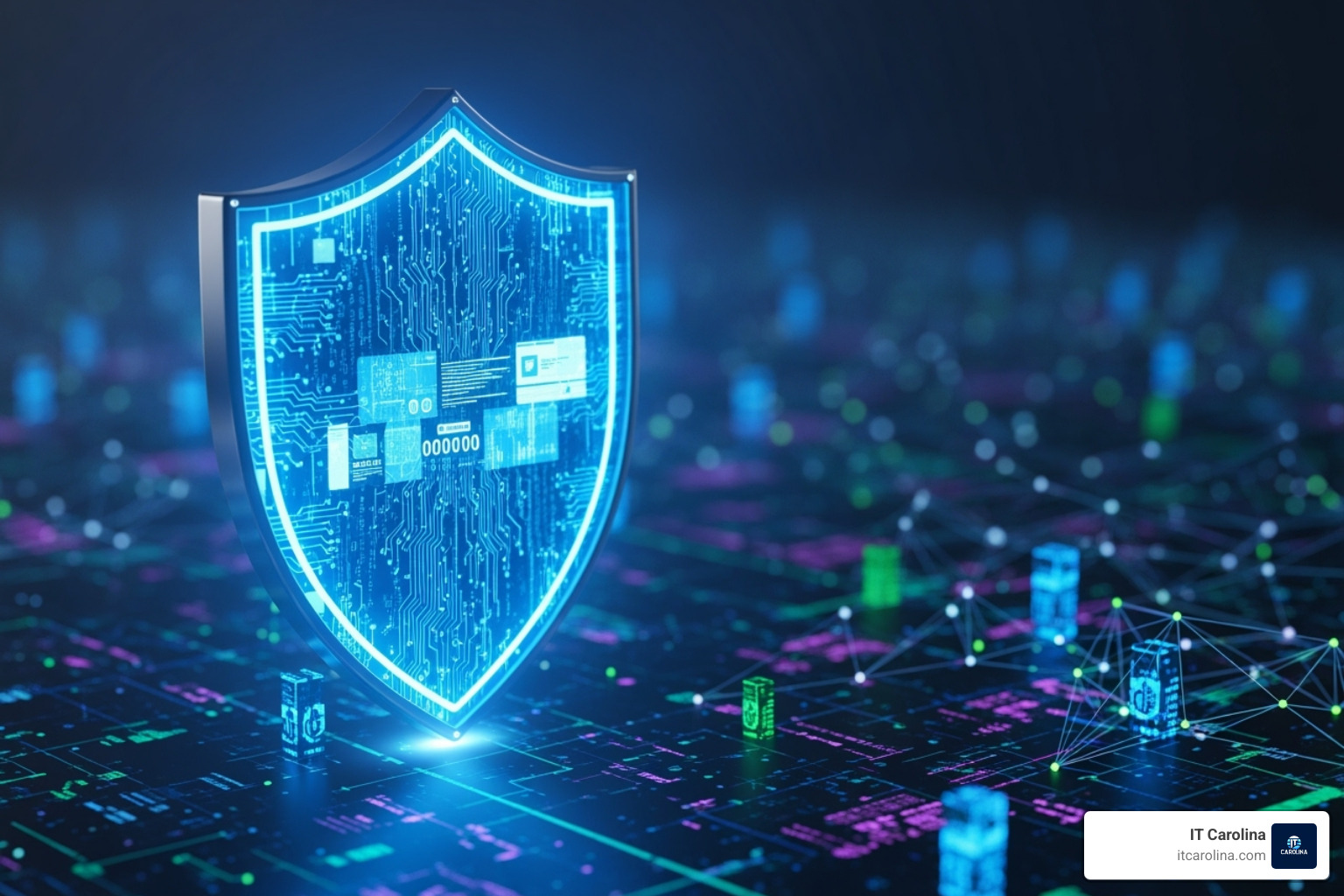 A digital security shield icon protecting a network - The Ultimate IT Checklist for Onboarding and Offboarding Employees A digital security shield icon protecting a network - The Ultimate IT Checklist for Onboarding and Offboarding Employees