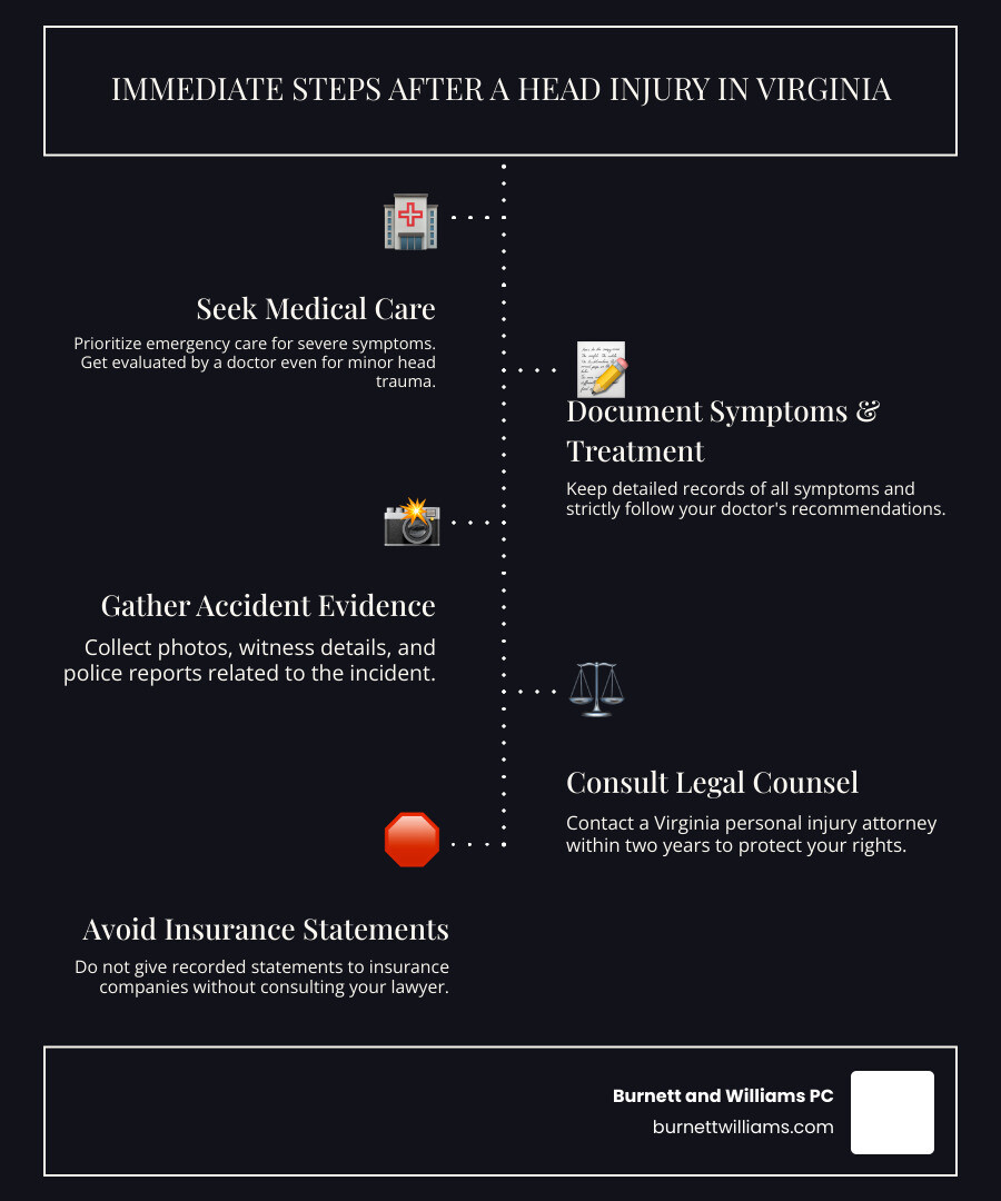 Infographic showing immediate steps after a head injury in Virginia: 1) Seek emergency medical care immediately if you lose consciousness, have severe headache, vomiting, or confusion. 2) Get evaluated by a doctor even for seemingly minor head trauma. 3) Document all symptoms in writing. 4) Follow all treatment recommendations. 5) Gather accident evidence including photos, witness information, and police reports. 6) Contact a Virginia personal injury attorney within two years of the injury date. 7) Do not give recorded statements to insurance companies before legal consultation. - Richmond brain injury infographic infographic-line-5-steps-dark Infographic showing immediate steps after a head injury in Virginia: 1) Seek emergency medical care immediately if you lose consciousness, have severe headache, vomiting, or confusion. 2) Get evaluated by a doctor even for seemingly minor head trauma. 3) Document all symptoms in writing. 4) Follow all treatment recommendations. 5) Gather accident evidence including photos, witness information, and police reports. 6) Contact a Virginia personal injury attorney within two years of the injury date. 7) Do not give recorded statements to insurance companies before legal consultation. - Richmond brain injury infographic infographic-line-5-steps-dark