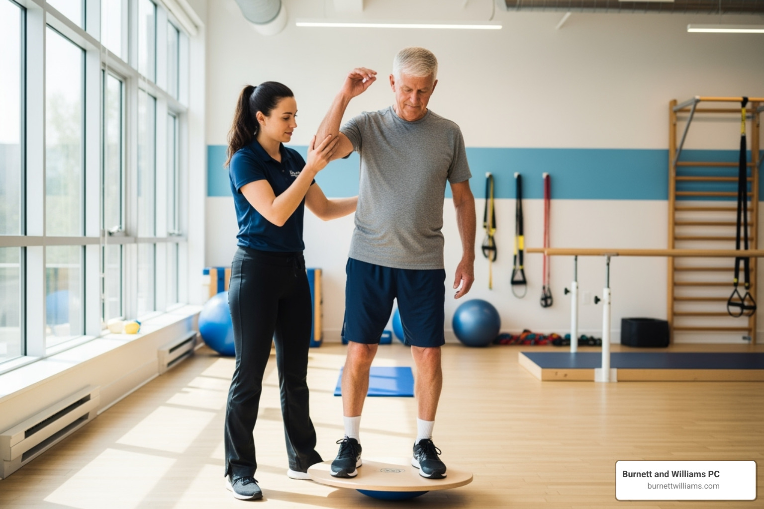 Physical therapist helping a patient with balance exercises - Richmond brain injury Physical therapist helping a patient with balance exercises - Richmond brain injury