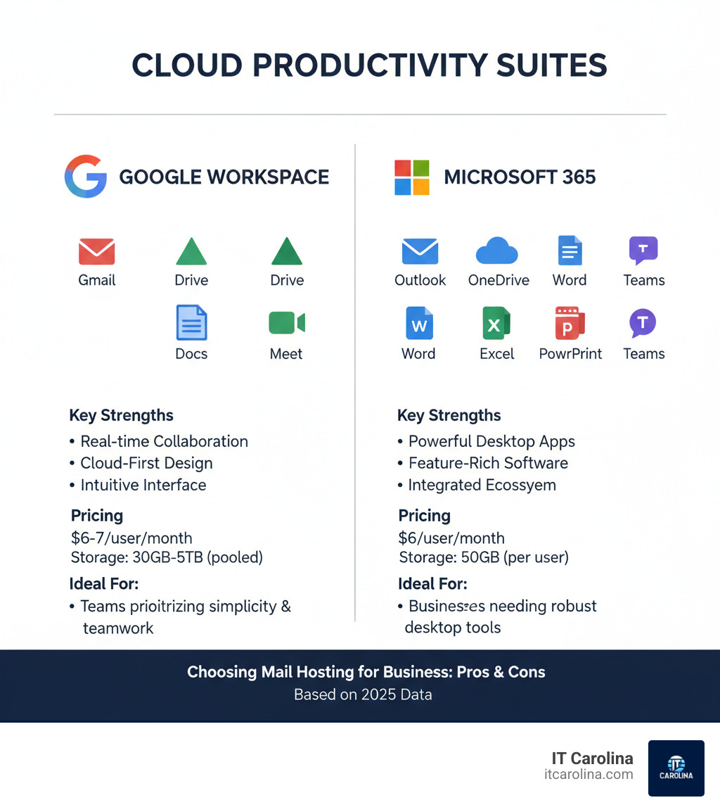 comparison infographic showing Google Workspace with Gmail, Drive, Docs, and Meet on one side versus Microsoft 365 with Outlook, OneDrive, Word, Excel, PowerPoint, and Teams on the other, highlighting key differences in pricing, storage, and ideal use cases - Choosing Mail Hosting for Business: Google Workspace or Microsoft 365, pros and cons, reviews infographic comparison infographic showing Google Workspace with Gmail, Drive, Docs, and Meet on one side versus Microsoft 365 with Outlook, OneDrive, Word, Excel, PowerPoint, and Teams on the other, highlighting key differences in pricing, storage, and ideal use cases - Choosing Mail Hosting for Business: Google Workspace or Microsoft 365, pros and cons, reviews infographic