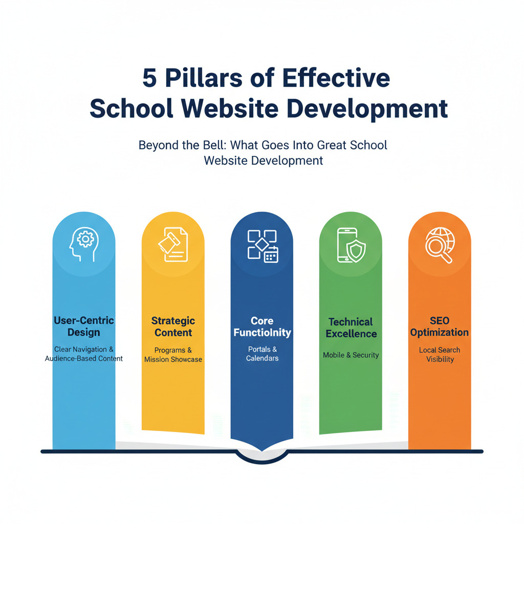 Infographic showing the 5 pillars of effective school website development: User-Centric Design with clear navigation and audience-based content, Strategic Content showcasing programs and mission, Core Functionality including portals and calendars, Technical Excellence with mobile responsiveness and security, and SEO optimization for local search visibility - School website development infographic 