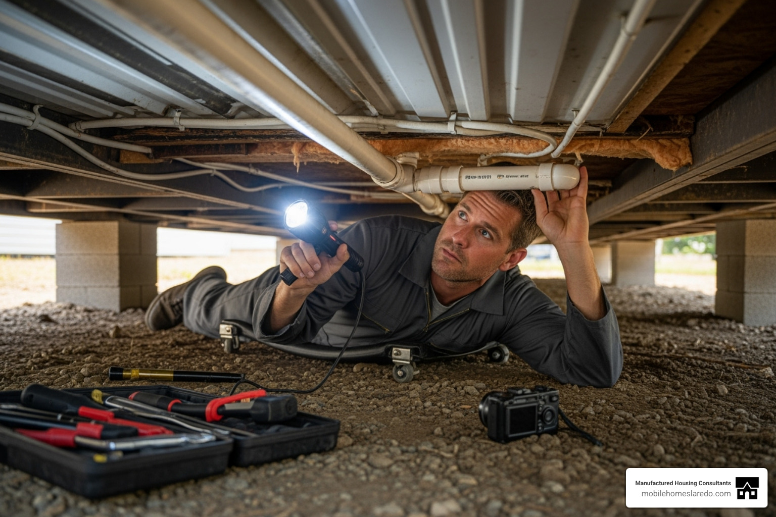 someone inspecting the underside of a mobile home - used mobile homes in my area for sale