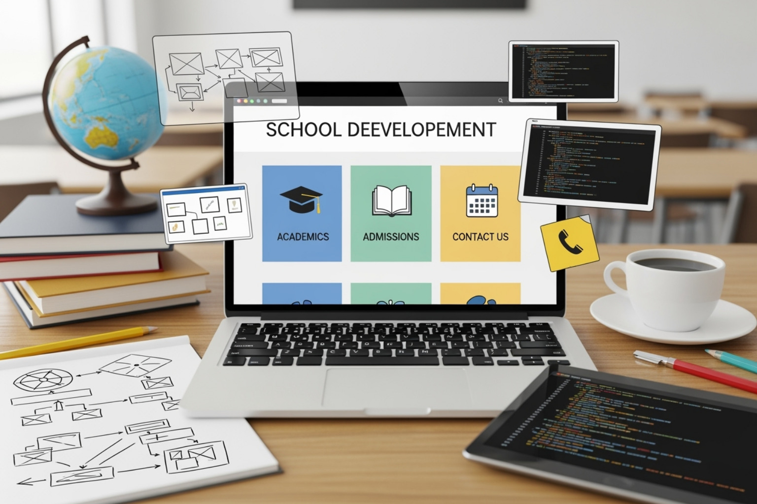 Demonstrate a website's responsive design on desktop, tablet, and phone. - School website development