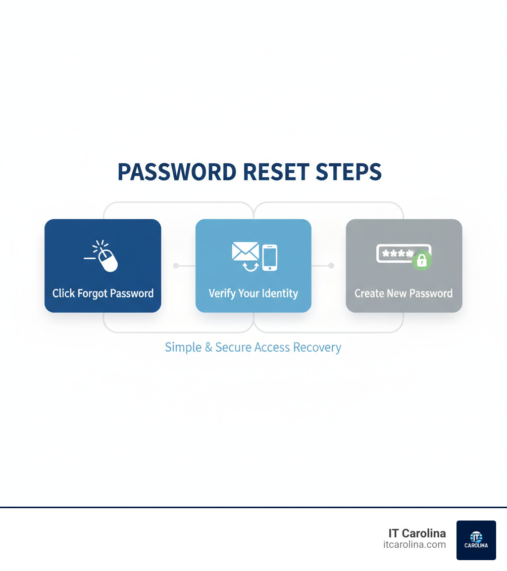 infographic showing three connected boxes: Box 1 labeled Click Forgot Password with icon of cursor clicking link, Box 2 labeled Verify Your Identity with icon of email and phone, Box 3 labeled Create New Password with icon of password field and checkmark - I forgot my password and need it reset infographic 