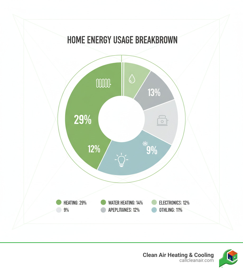 infographic showing home energy usage breakdown with heating at 29%, water heating at 14%, appliances at 13%, electronics at 12%, lighting at 11%, cooling at 9%, and other uses at 12% - home heating solutions infographic infographic showing home energy usage breakdown with heating at 29%, water heating at 14%, appliances at 13%, electronics at 12%, lighting at 11%, cooling at 9%, and other uses at 12% - home heating solutions infographic