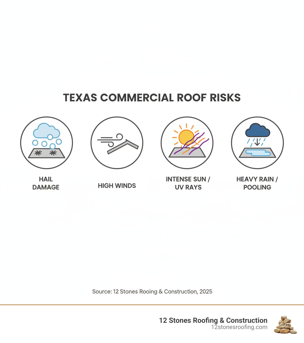 infographic showing primary commercial roof risks in Texas: hail damage with ice balls, high winds bending roof edges, intense sun with UV rays, heavy rain pooling on flat surfaces - pasadena roofing infographic 