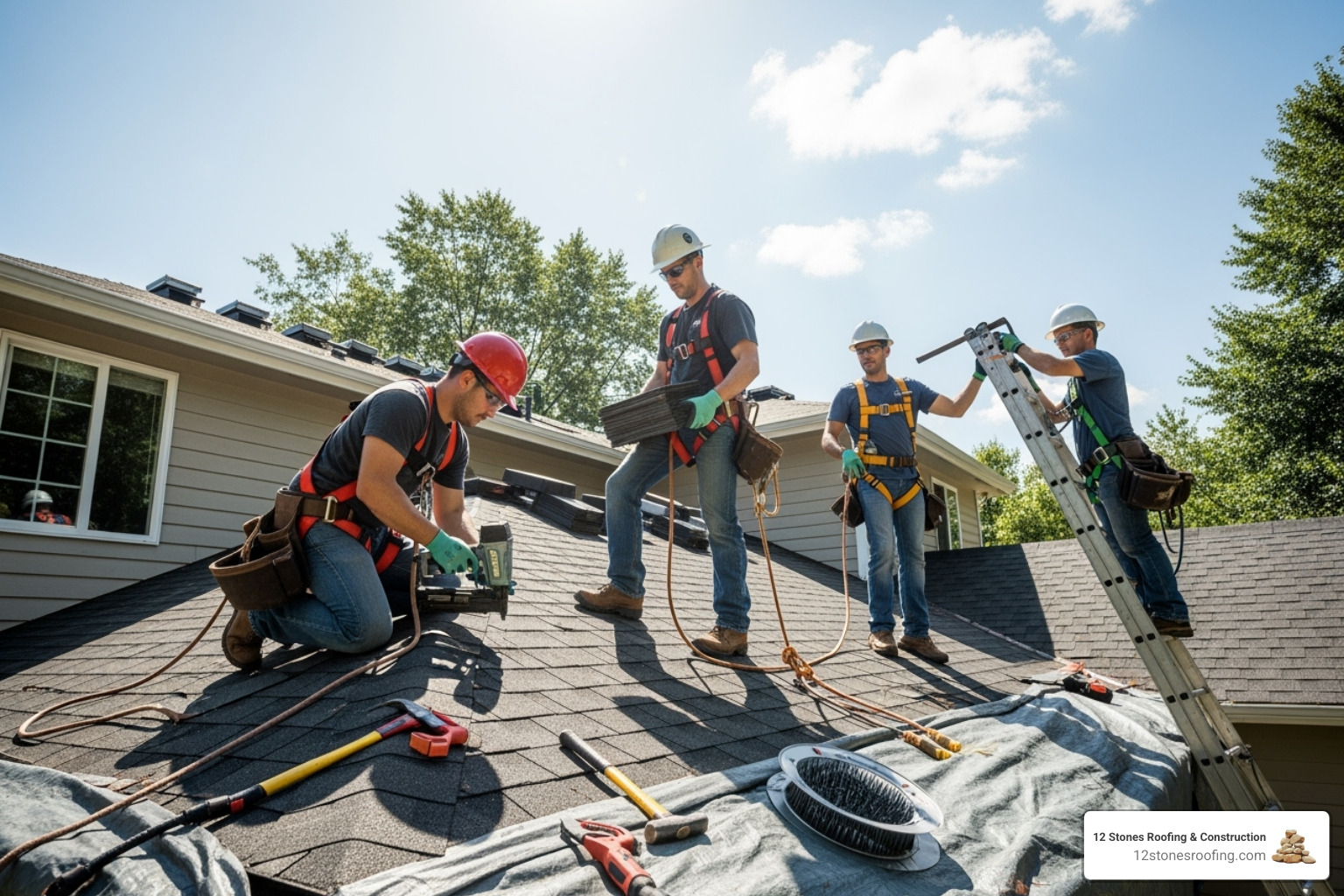 professional roofing crew working safely on a residential roof - roofers pasadena