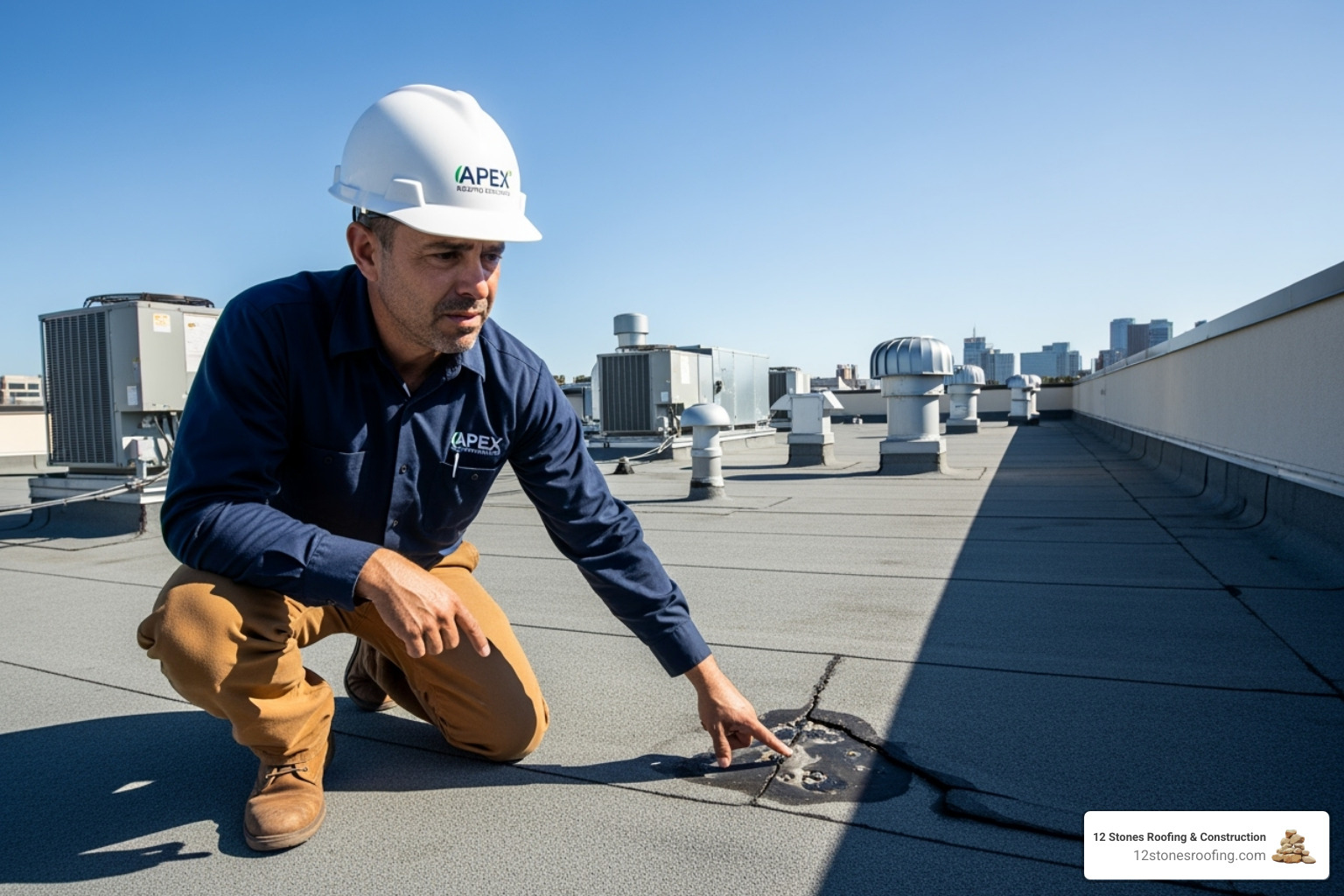 roofing professional inspecting a commercial roof, pointing out damage - pasadena roofing