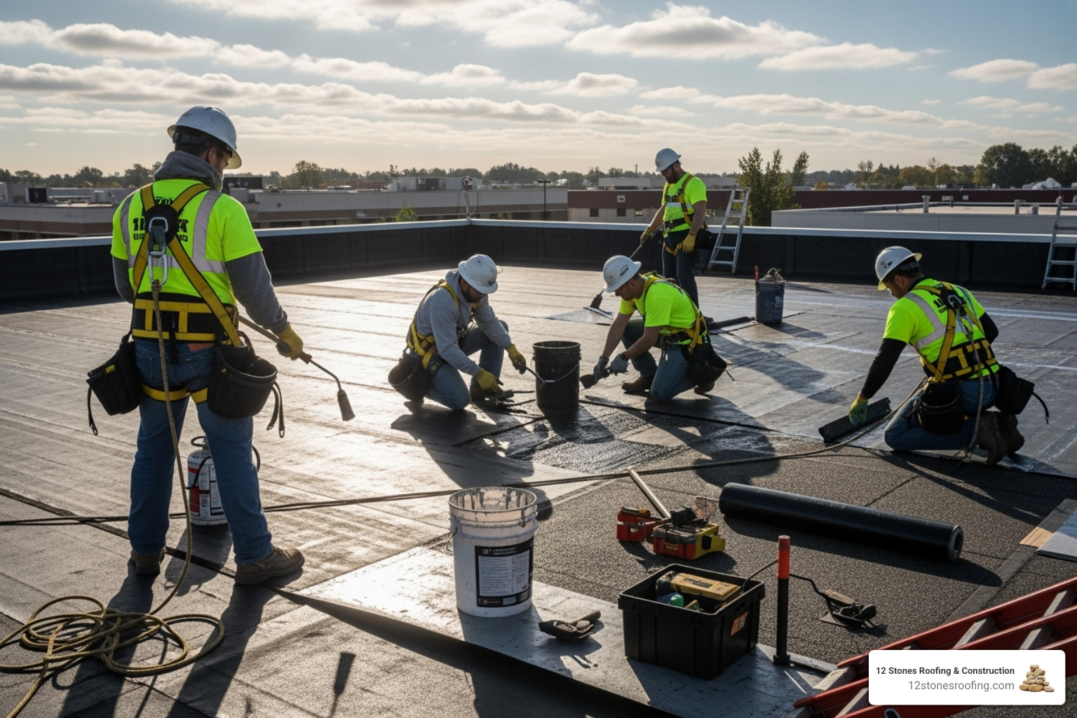 professional roofing crew working safely on a commercial building - pasadena roofing