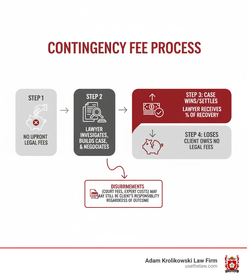 Infographic showing the contingency fee process flow: Step 1: No upfront legal fees required from client. Step 2: Lawyer investigates, builds case, and negotiates or litigates. Step 3: If case wins or settles, lawyer receives agreed percentage of recovery. Step 4: If case loses, client owes no legal fees for lawyer's time. Arrow showing disbursements (court fees, expert costs) may still be client's responsibility regardless of outcome. - contingency fee lawyer infographic Infographic showing the contingency fee process flow: Step 1: No upfront legal fees required from client. Step 2: Lawyer investigates, builds case, and negotiates or litigates. Step 3: If case wins or settles, lawyer receives agreed percentage of recovery. Step 4: If case loses, client owes no legal fees for lawyer's time. Arrow showing disbursements (court fees, expert costs) may still be client's responsibility regardless of outcome. - contingency fee lawyer infographic