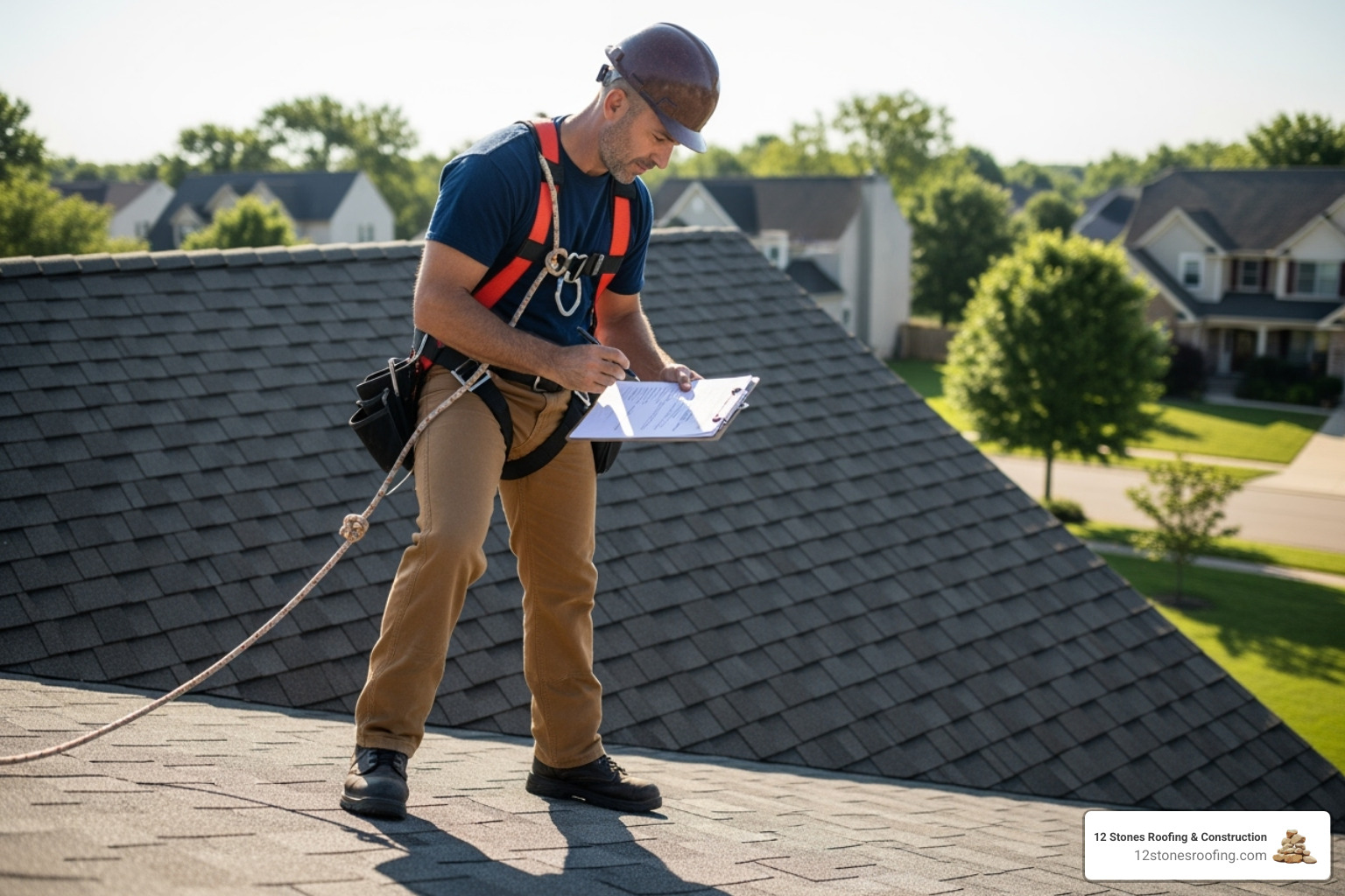 of a roofer performing a roof inspection with a checklist. - fiberglass laminate shingles