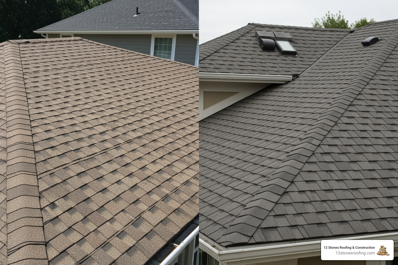 side-by-side comparison of a flat 3-tab roof and a textured architectural shingle roof. - fiberglass laminate shingles