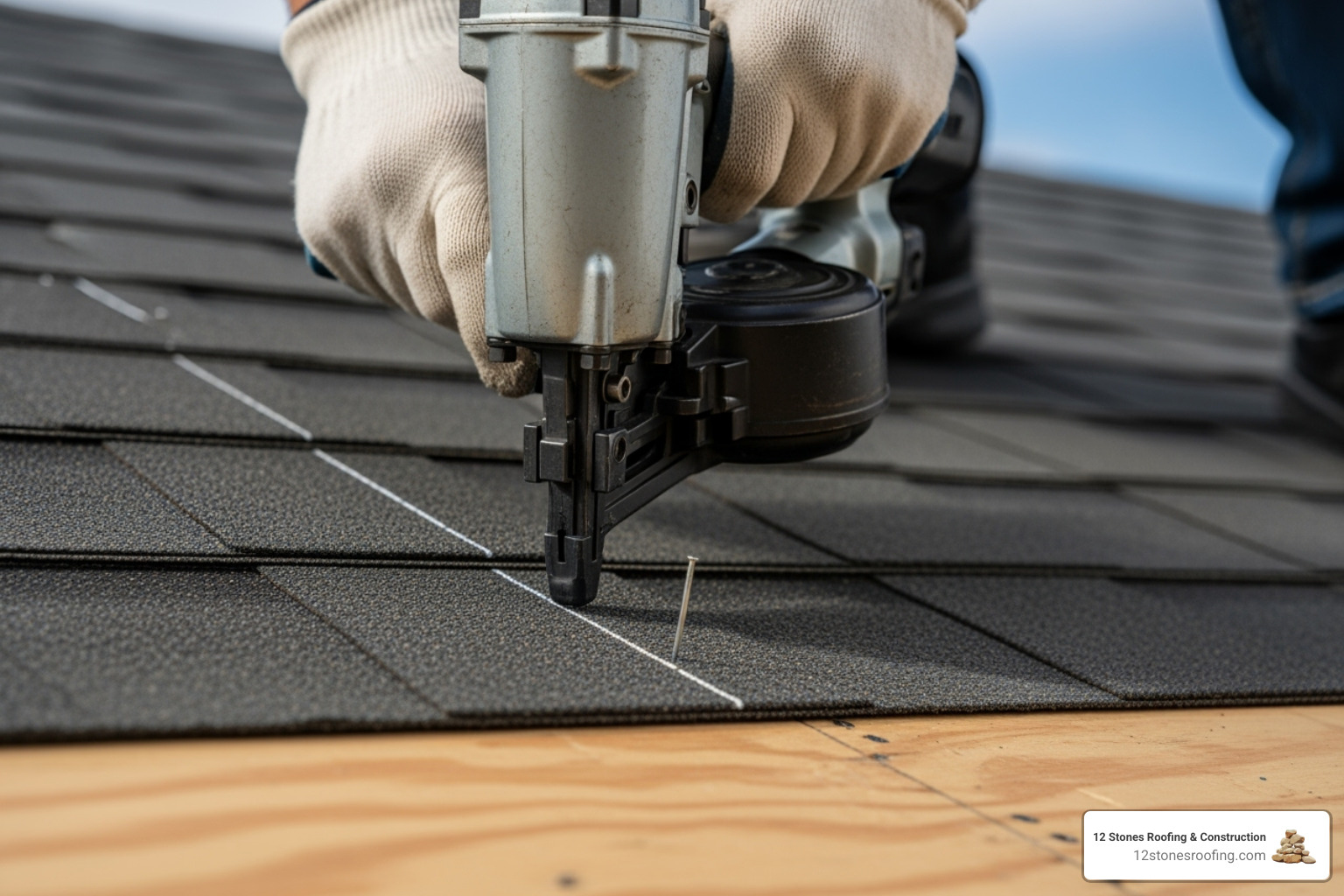 of a professional roofer correctly nailing a laminated shingle in the designated nailing zone. - fiberglass laminate shingles