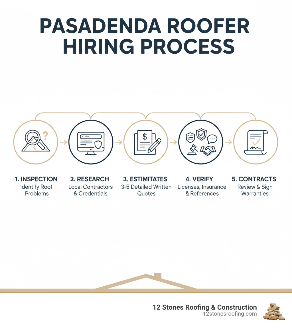 Infographic showing the complete process for hiring a roofer in Pasadena: Step 1 - Identify roof problems through inspection, Step 2 - Research local contractors with proper credentials, Step 3 - Request detailed written estimates from 3-5 companies, Step 4 - Verify licenses insurance and references, Step 5 - Review contracts and warranties before signing - roofers pasadena infographic 