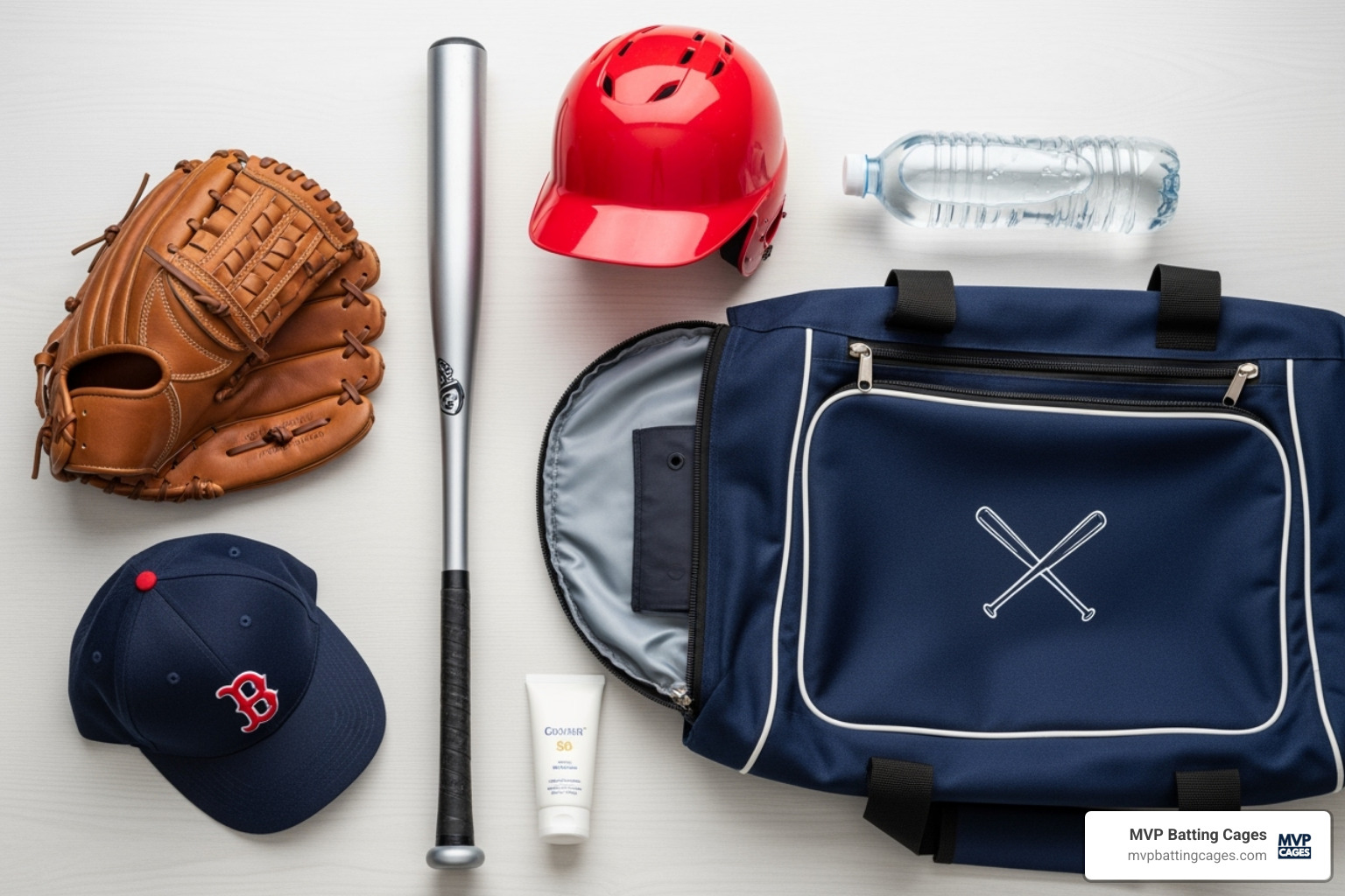 a baseball bag with a glove, bat, helmet, water bottle, sunscreen, and hat laid out - baseball camp for kids near me