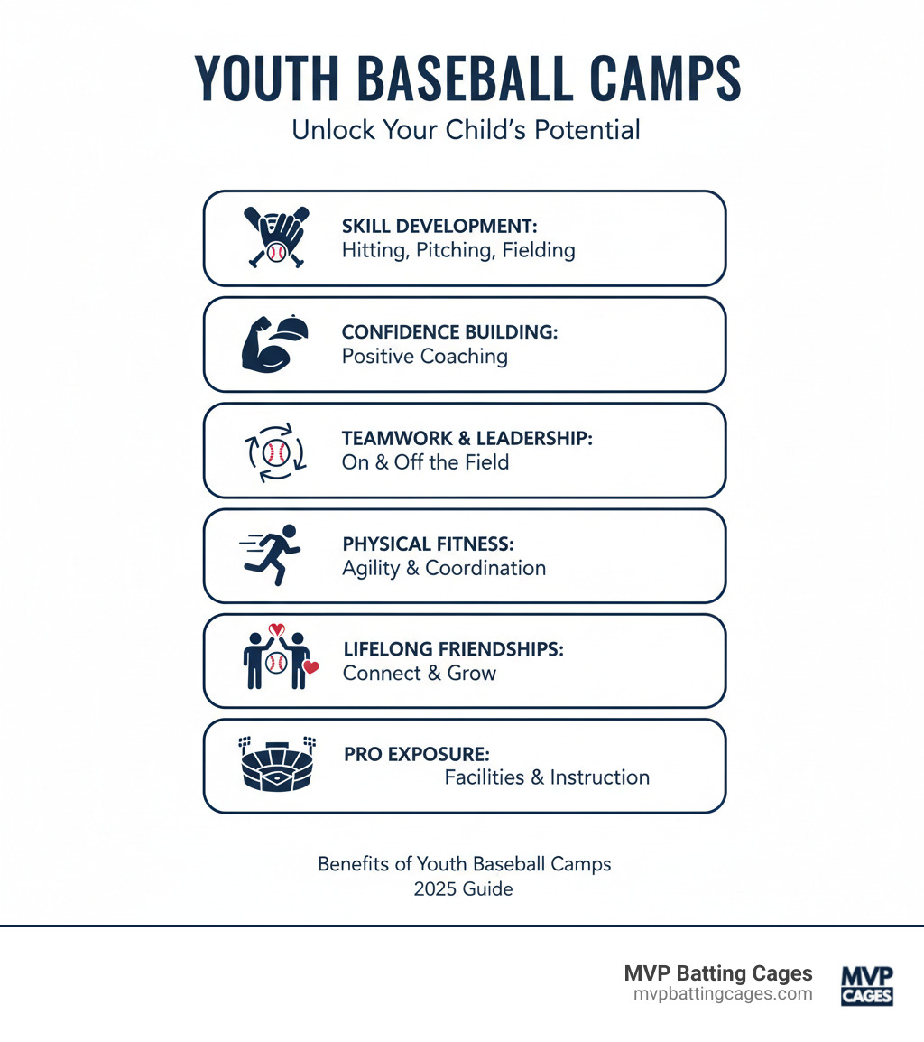 infographic showing the key benefits of youth baseball camps: skill development in hitting pitching and fielding, confidence building through positive coaching, teamwork and leadership lessons, physical fitness and coordination, lifelong friendships with teammates, and exposure to professional facilities and instruction - baseball camp for kids near me infographic 